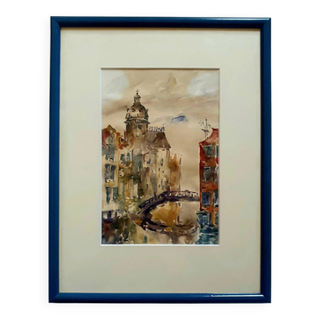 Modern painting of a bridge in Venice attributed to Guy Petit.