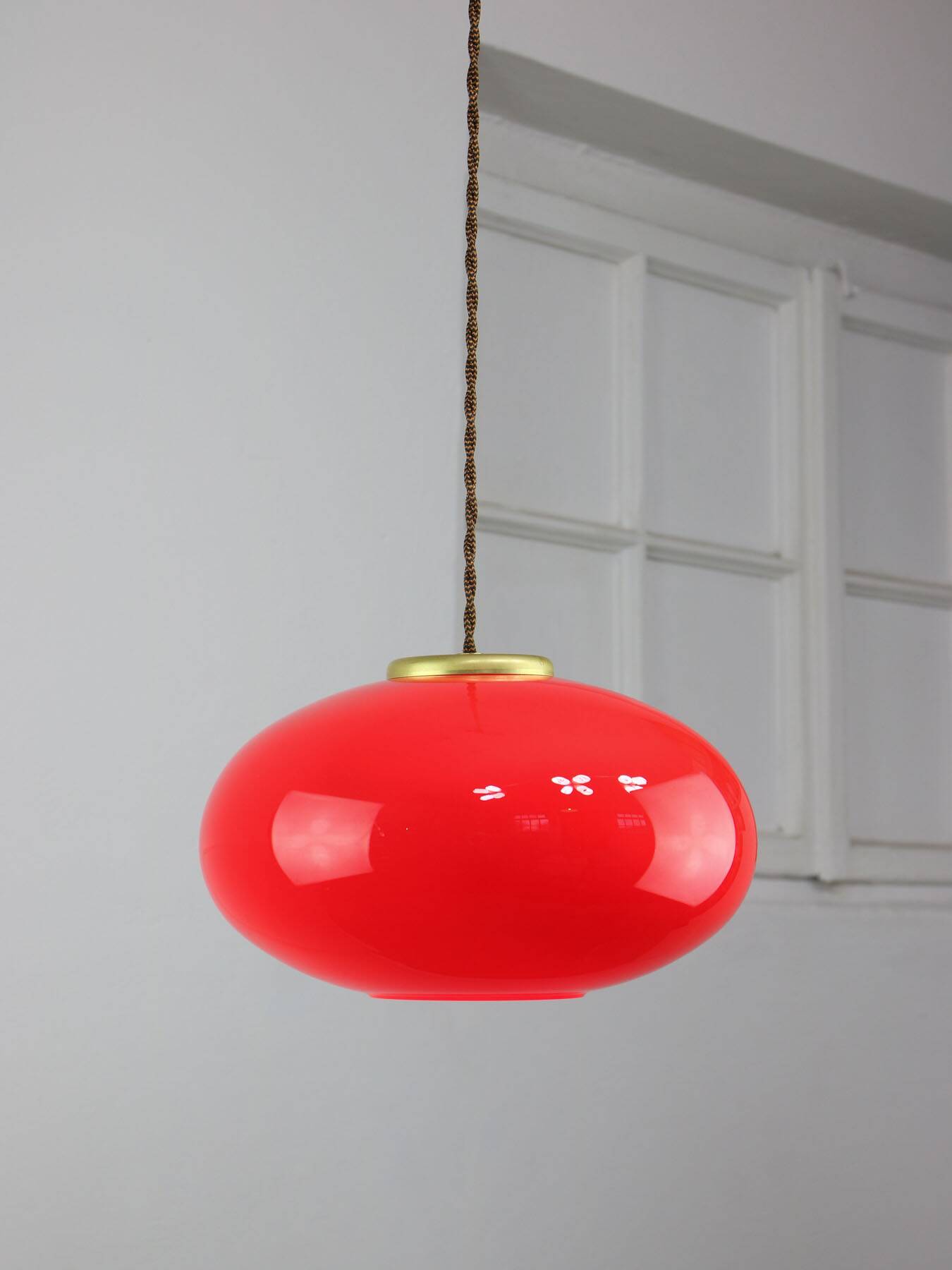 Mid-century Modern Italian Brass and Red Glass Pendant Lamp, 1960s