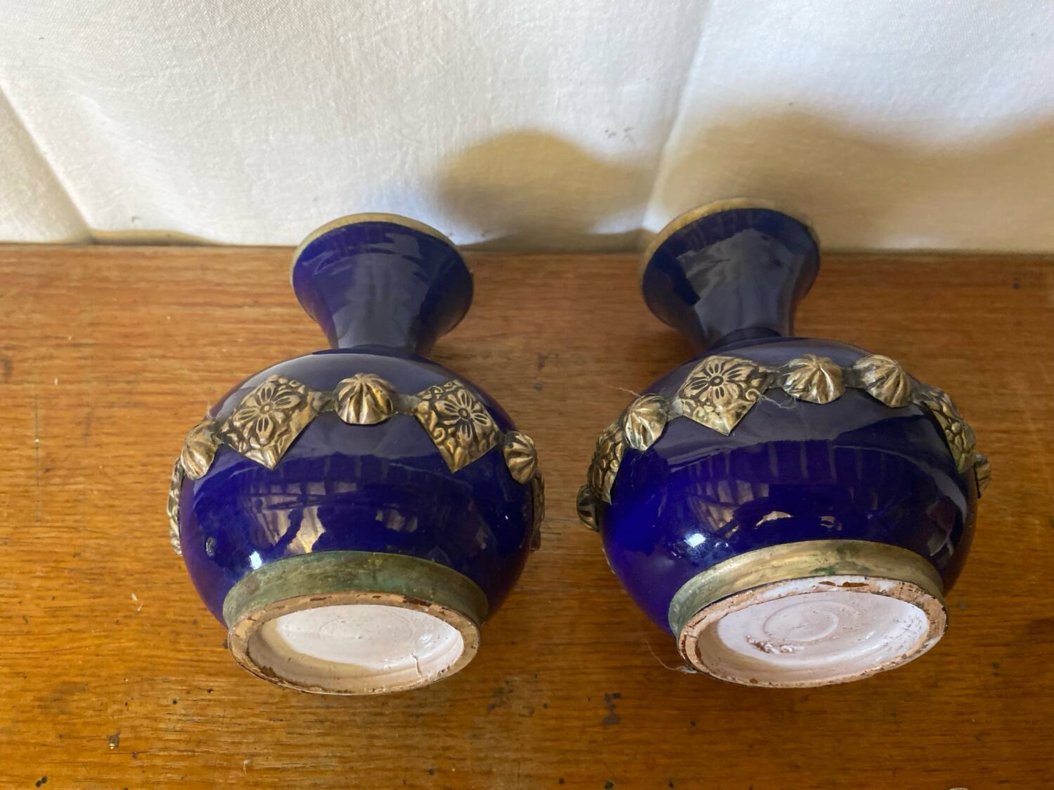 Pair of antique cobalt blue ceramic vases + vintage metal decor