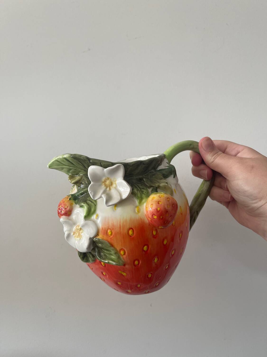 Strawberry shaped pitcher with vintage flowers ceramic pitcher in shape
