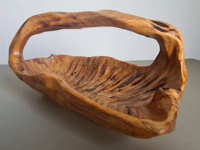 Hand-carved wooden empty pocket basket vintage French