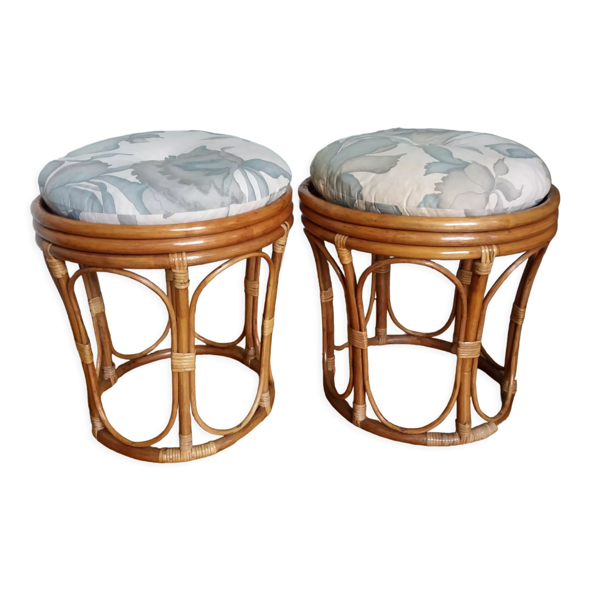 Pair of wicker rattan stool poufs