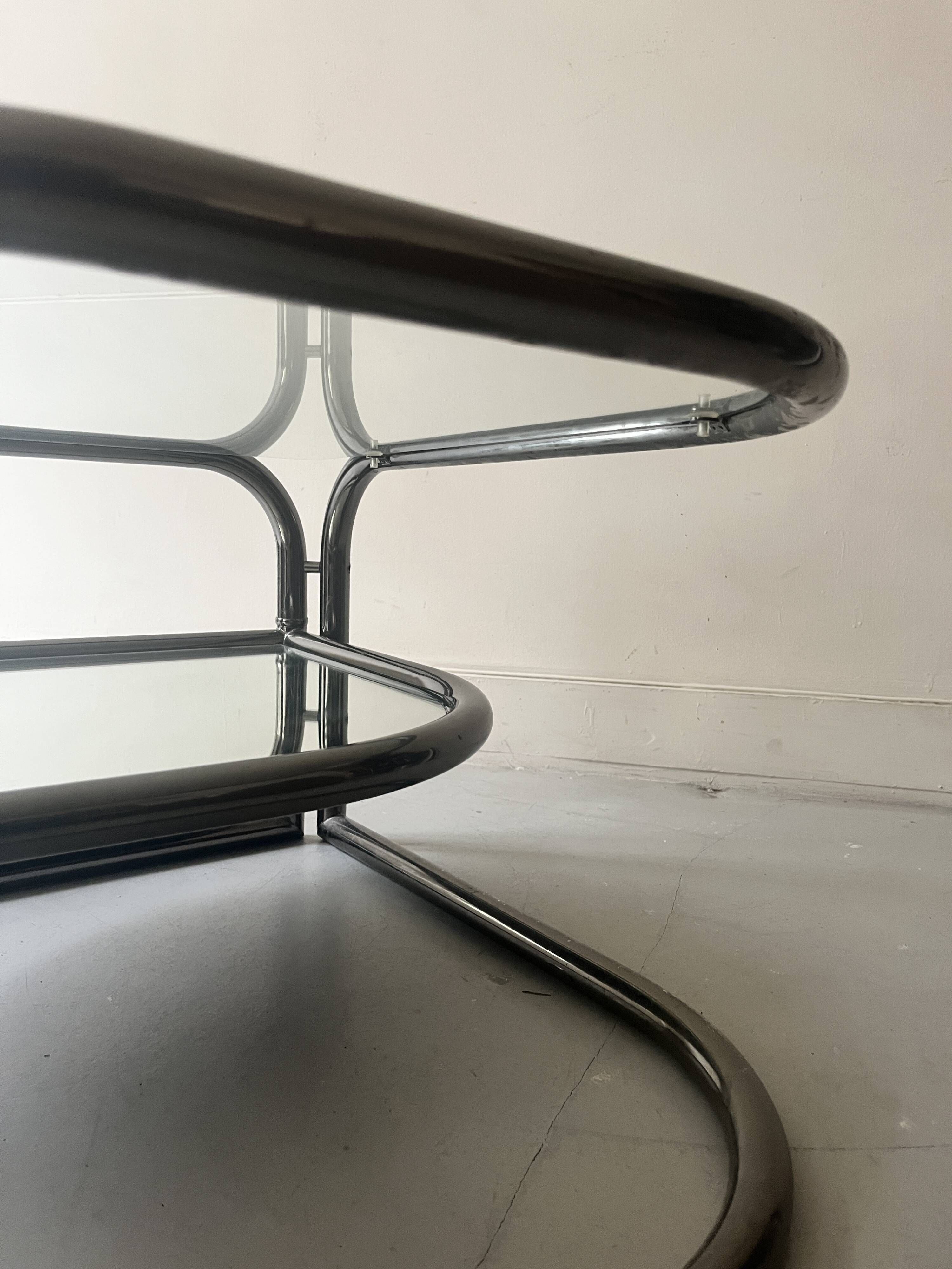 rotating coffee table drop in tubular chrome metal, glass and mirror, design 1970
