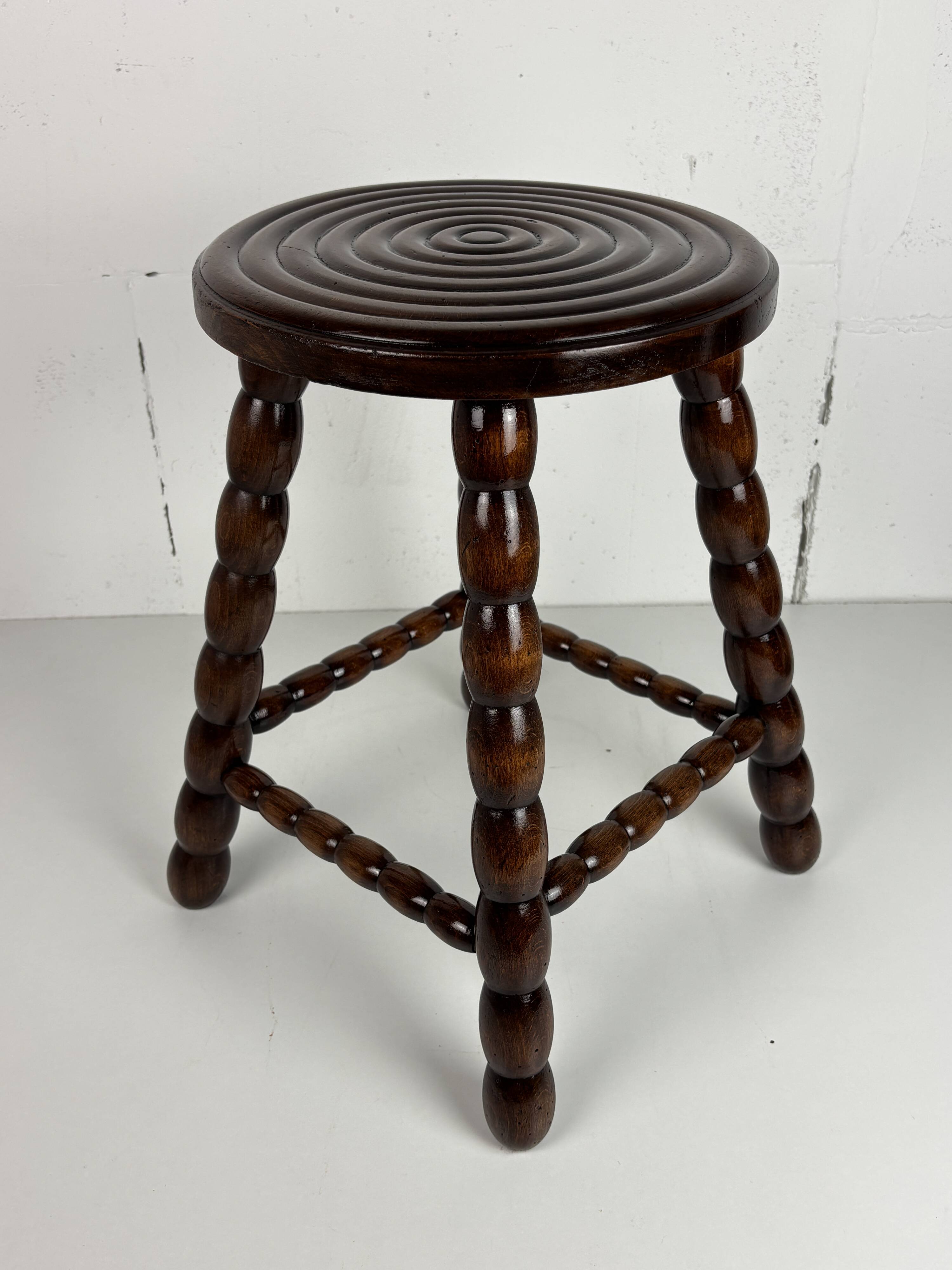 Midcentury bobbin wood turned stool, Charles Dudouyt style, France, 1950s