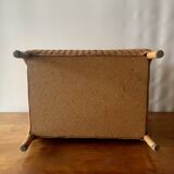 Large vintage rattan and wicker sewing basket with floral decor seat