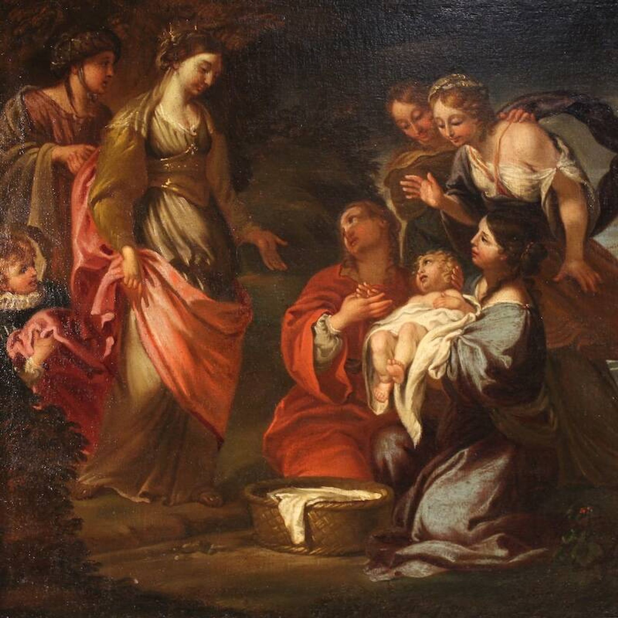 Antique Italian painting Moses saved from the waters from the 17th century