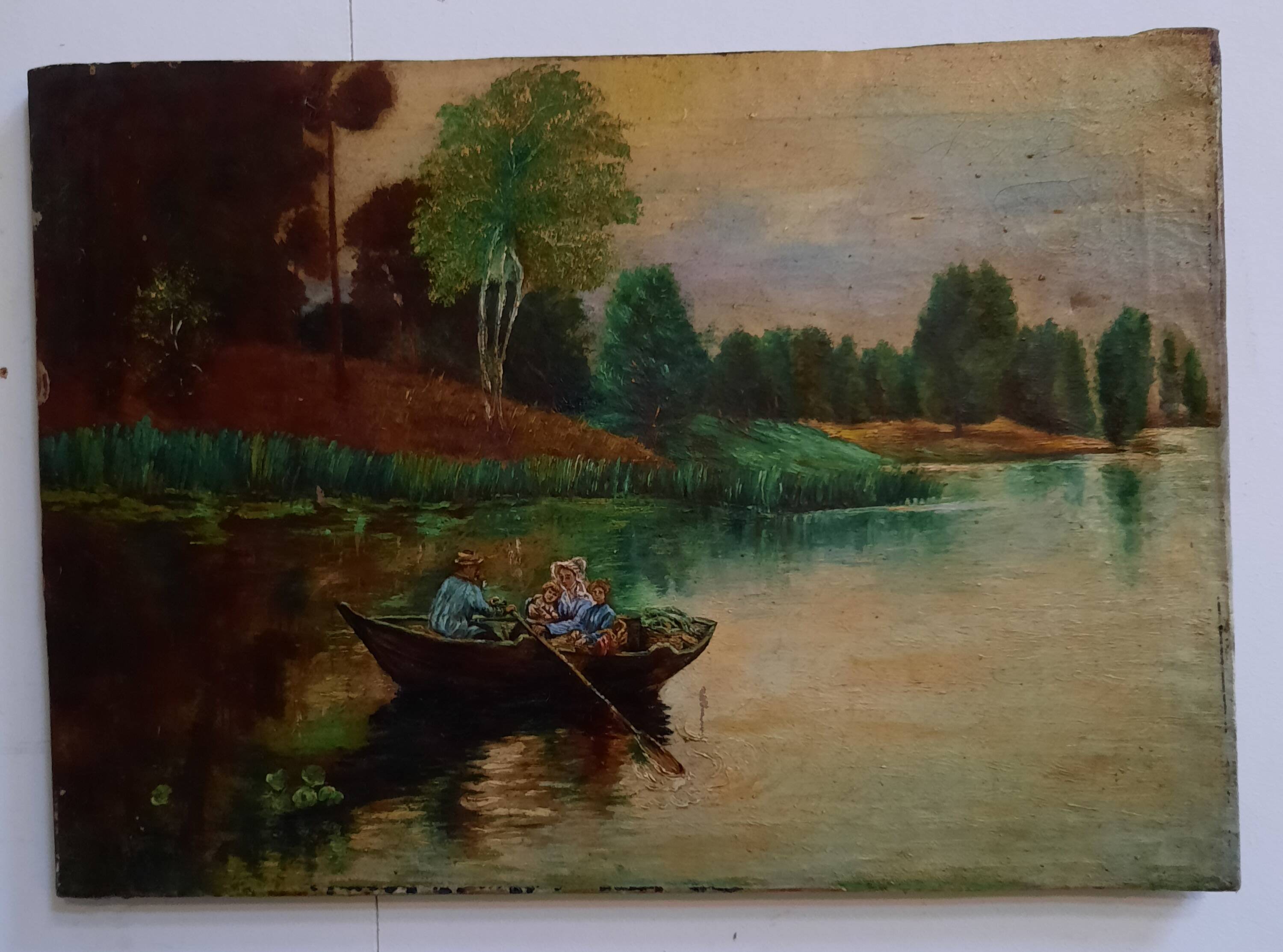 Huile sur toile "Promenade en barque"