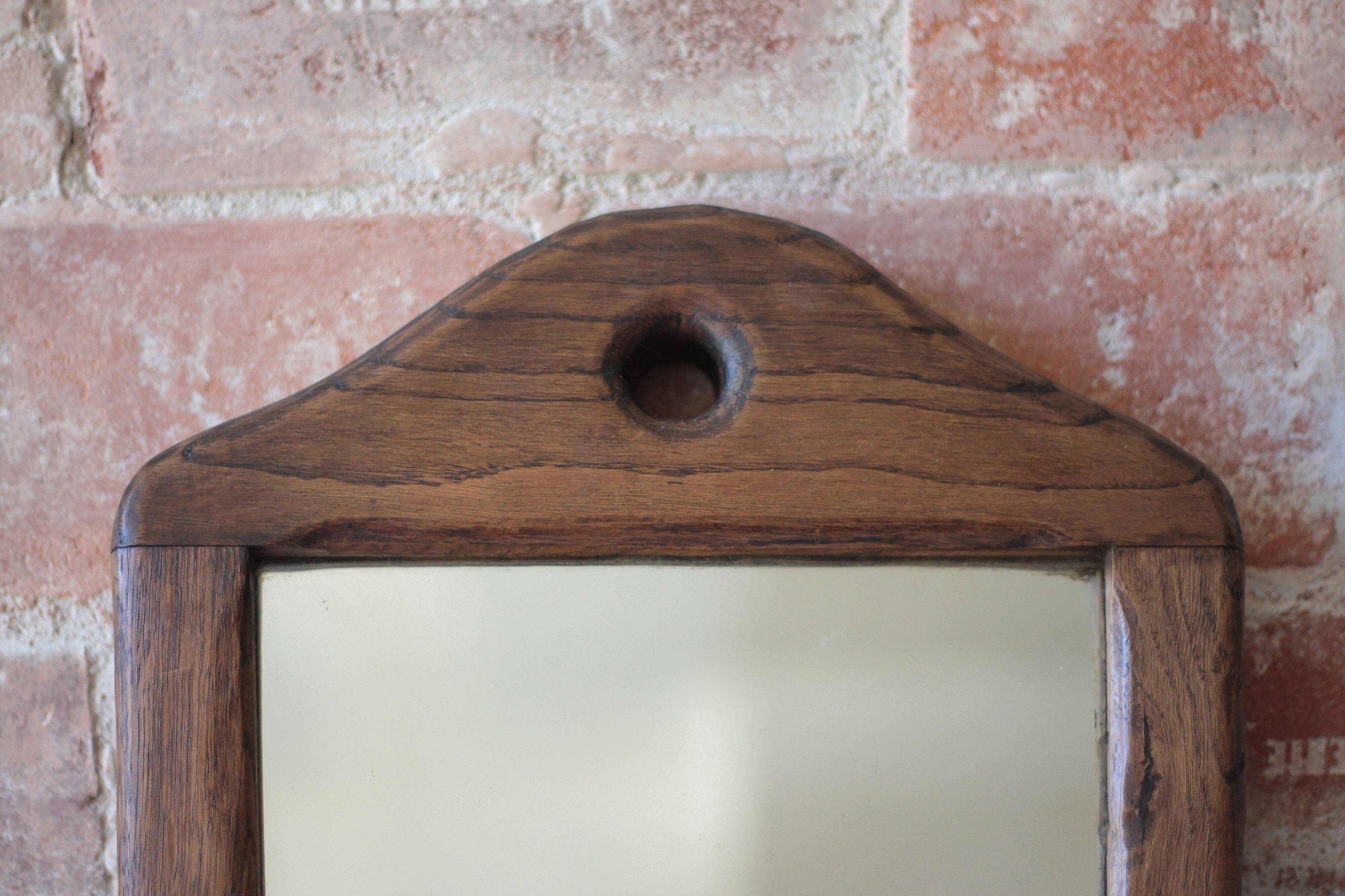 Wall-mounted coat rack mirror with solid wood hooks, brutalist mirror.
