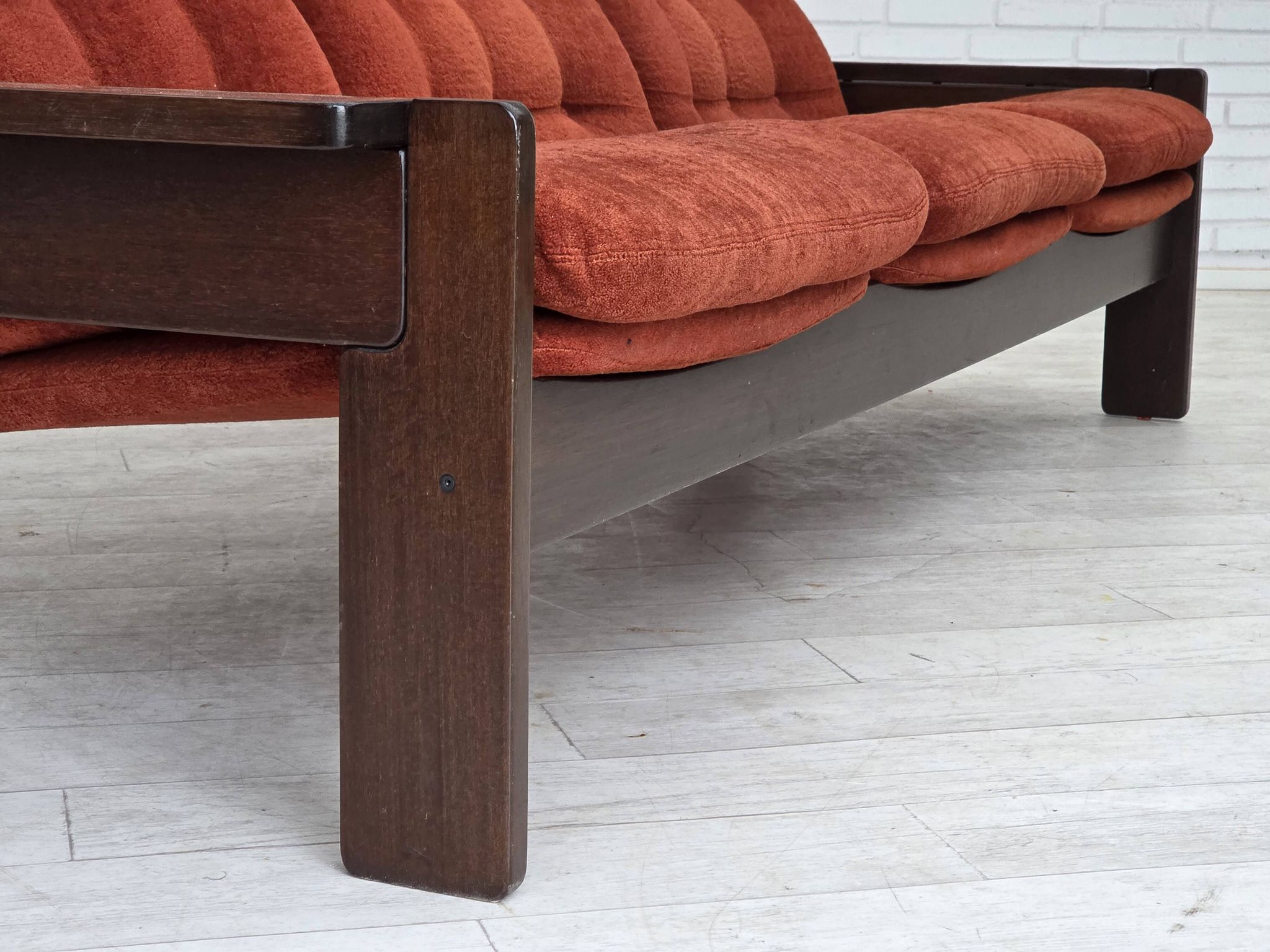 1970s, 3-seater Danish sofa, orange/red furniture velour, oak wood.