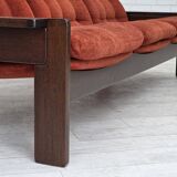 1970s, 3-seater Danish sofa, orange/red furniture velour, oak wood.