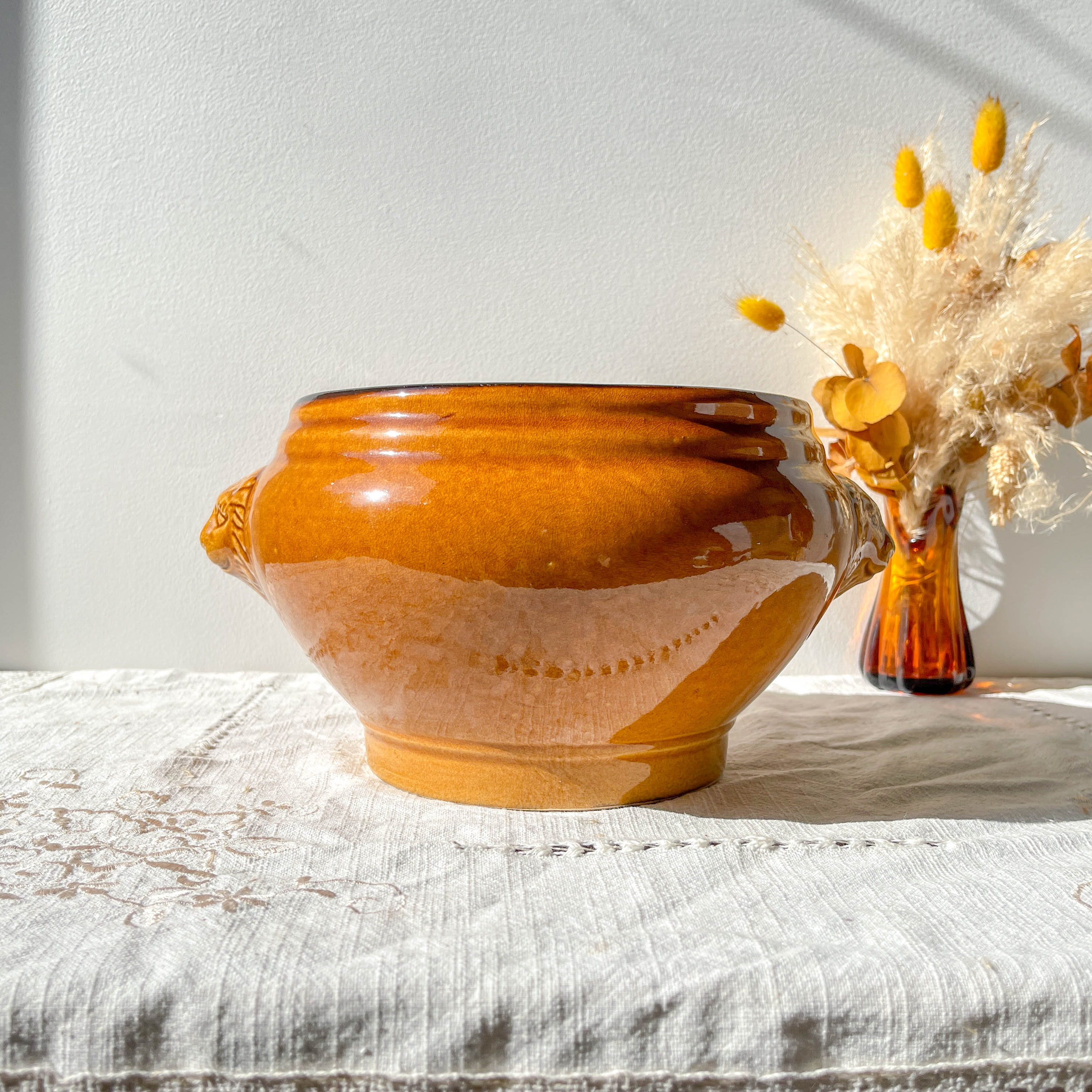 Vintage ceramic lion head soup tureen - honey and black, made in France
