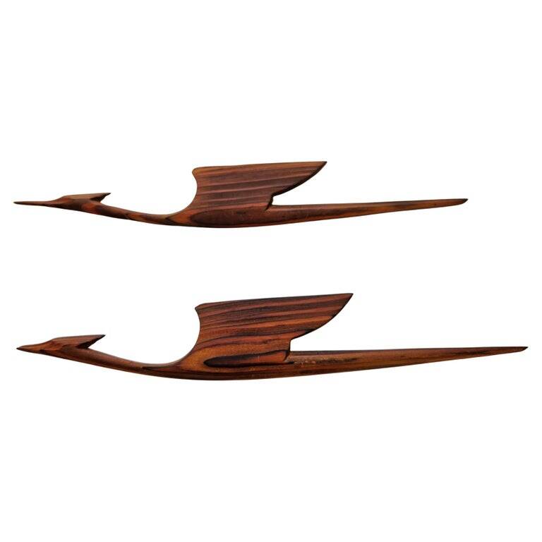 Pair of rare mid-century wooden wall sculptures representing birds and herons, Denmark, 1960s.