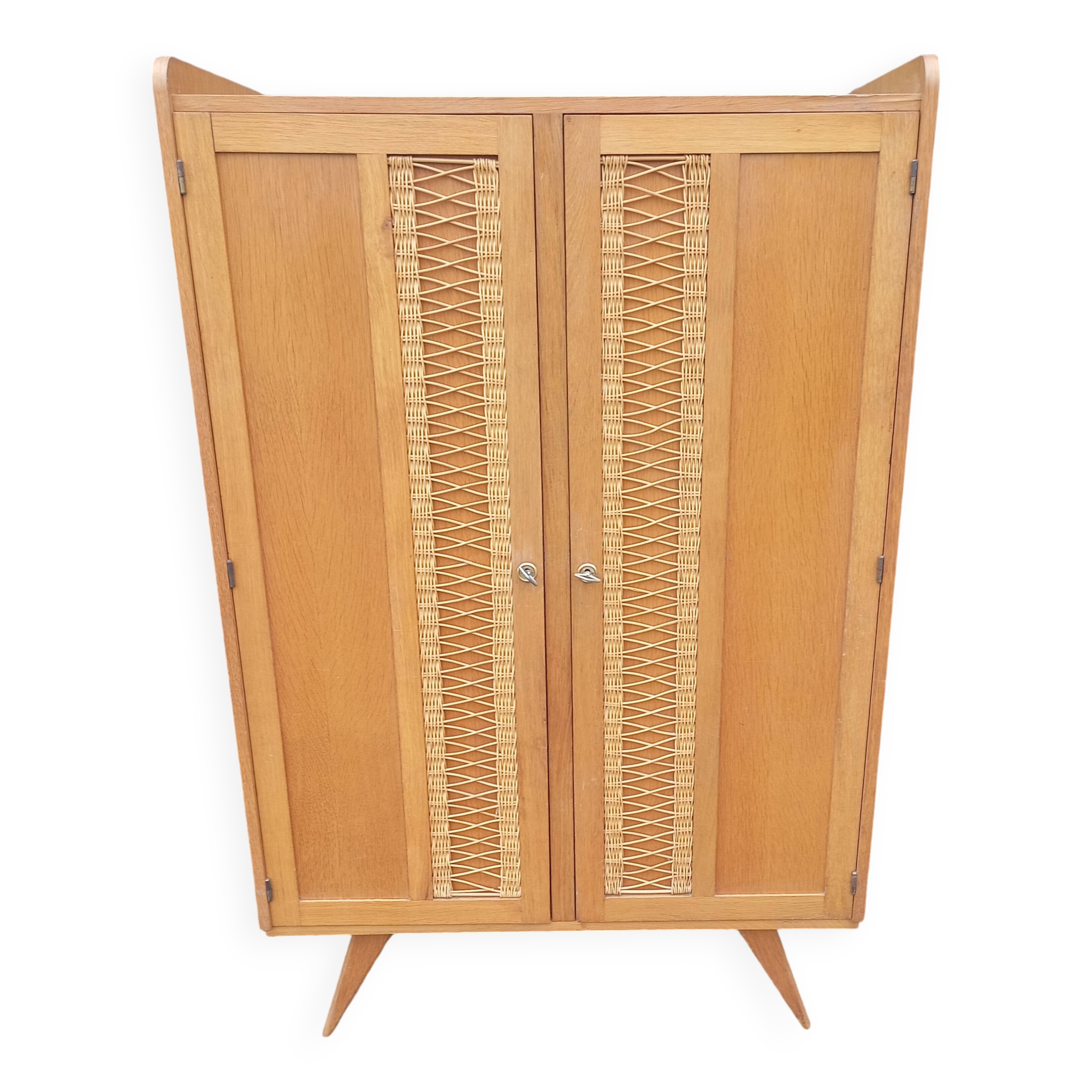 Vintage oak and rattan wardrobe