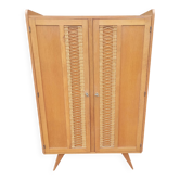 Vintage oak and rattan wardrobe