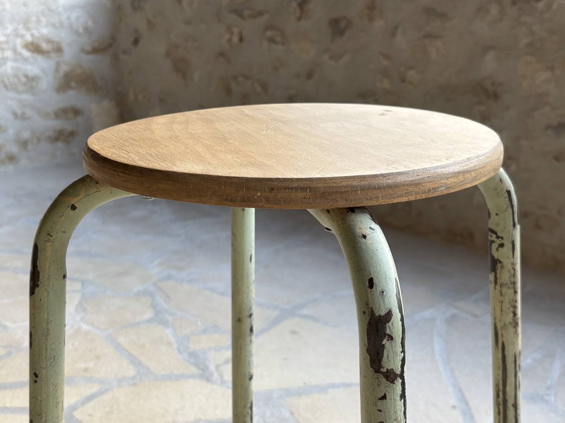 Vintage metal and beech school stool - restored