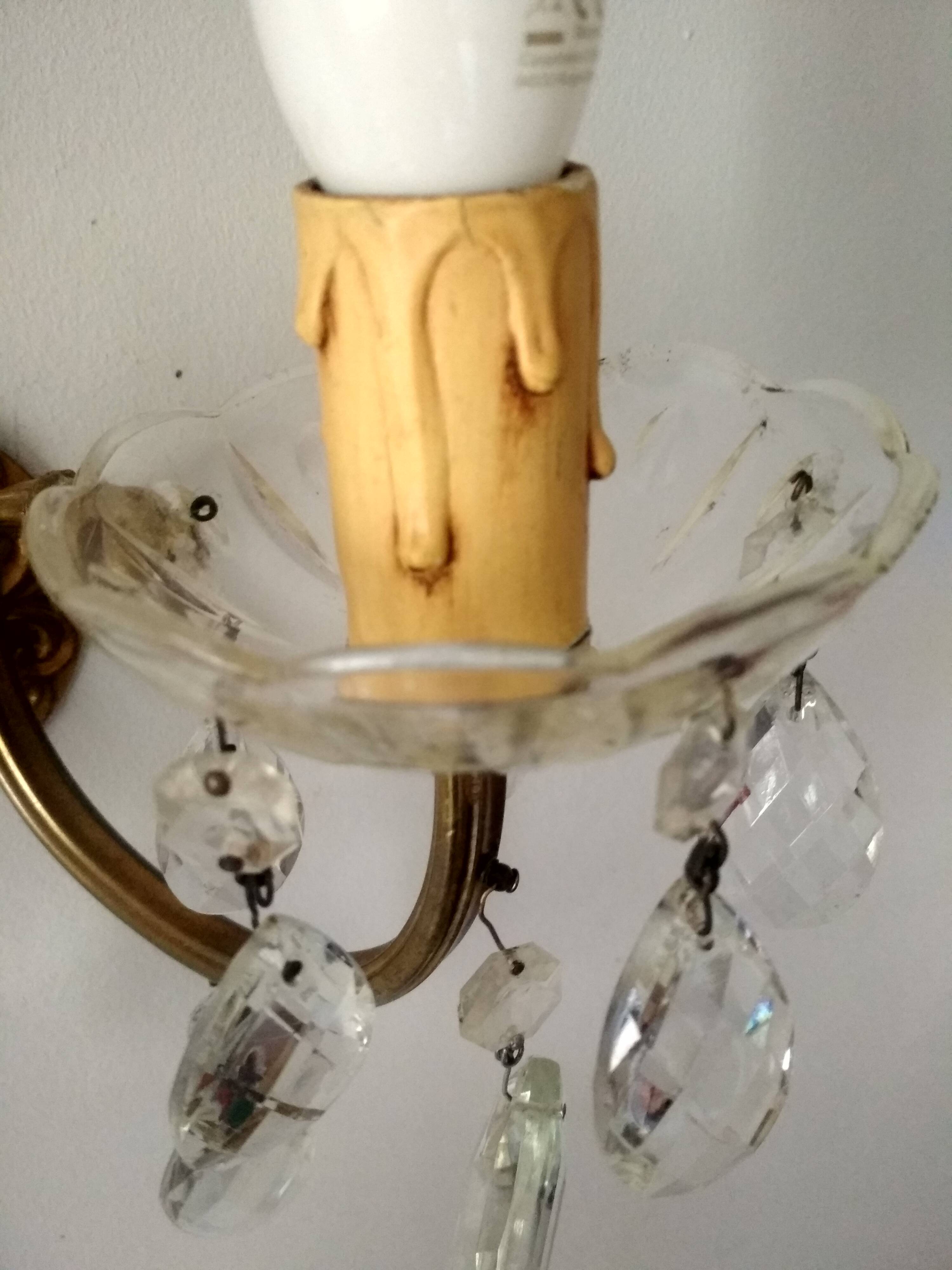 Golden brass wall light and crystal pendants - 2-light rococo light