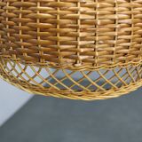 1970s Czechoslovakian rattan & pine pendant light, three-shade chandelier