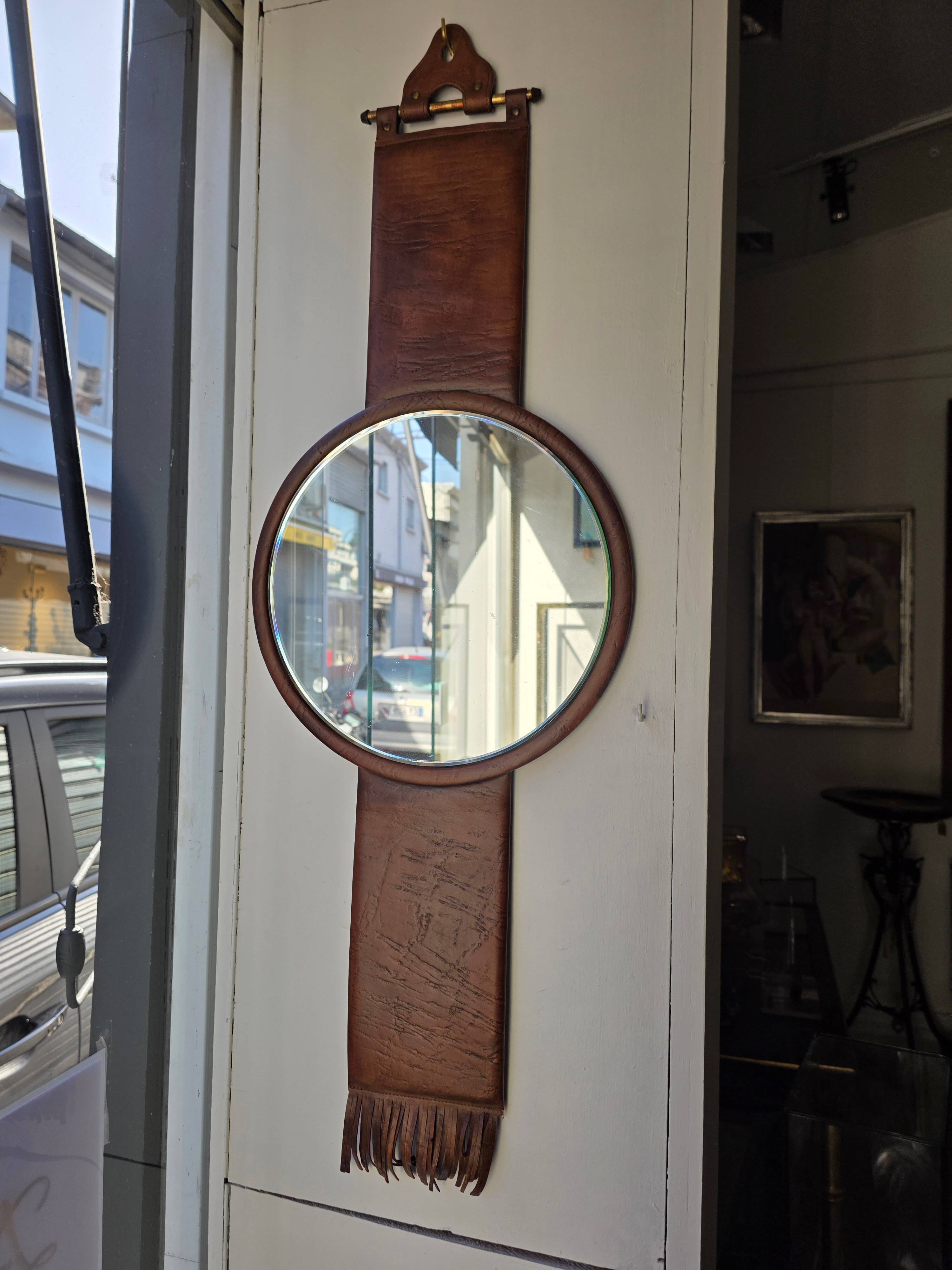 Leather Mirror, attributed to Uno & Östen Kristiansson, Luxus Vittsjö, circa 1970