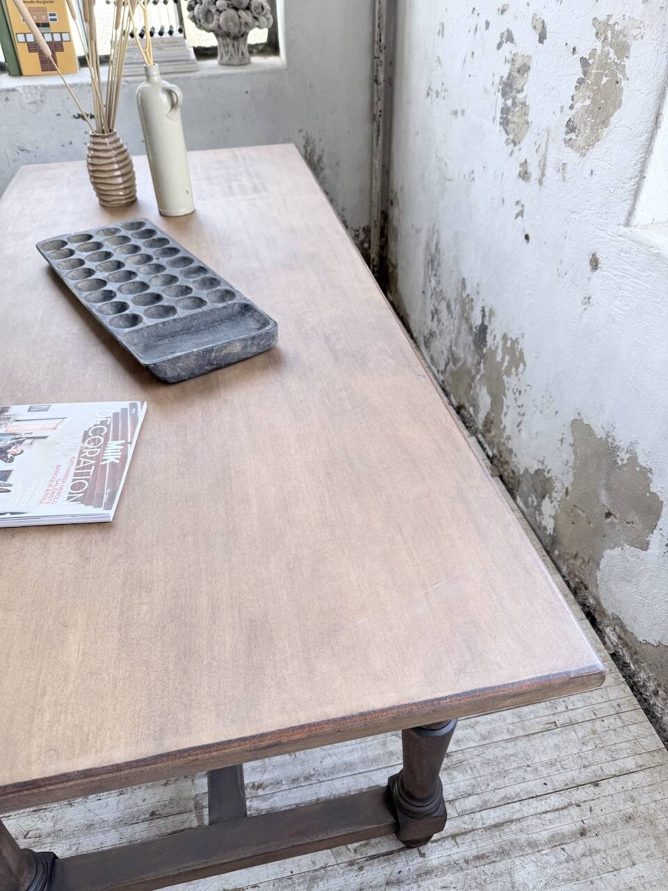 Farm table with turned legs, made of pine and birch, 180cm.
