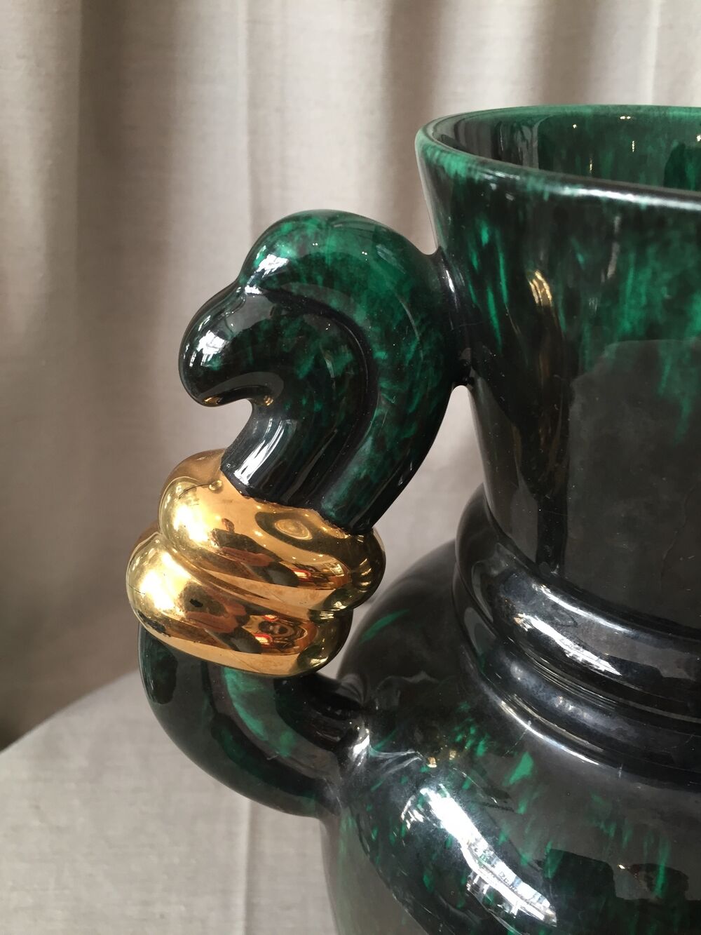 Vase in light green and dark ceramic and golden years 1950