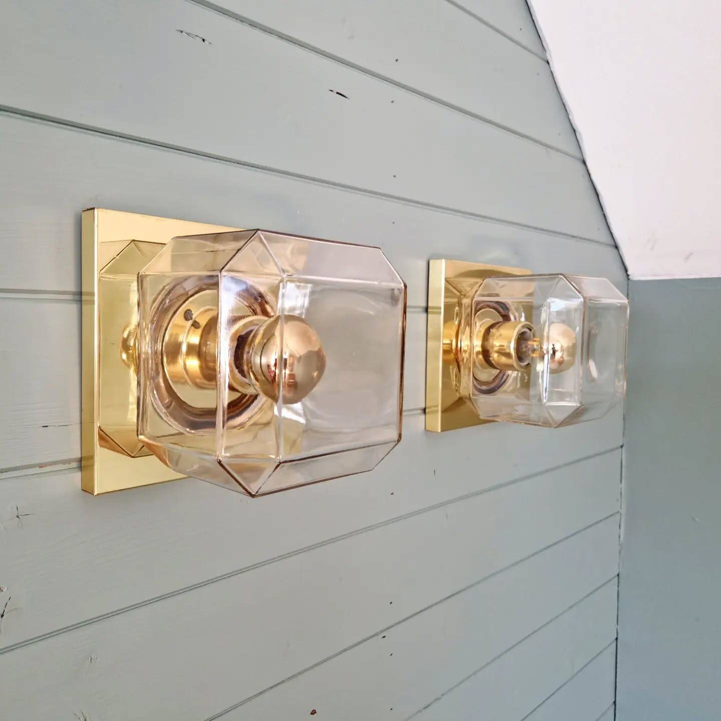 Pair of wall sconces in glass and brass, Limburg, 1970
