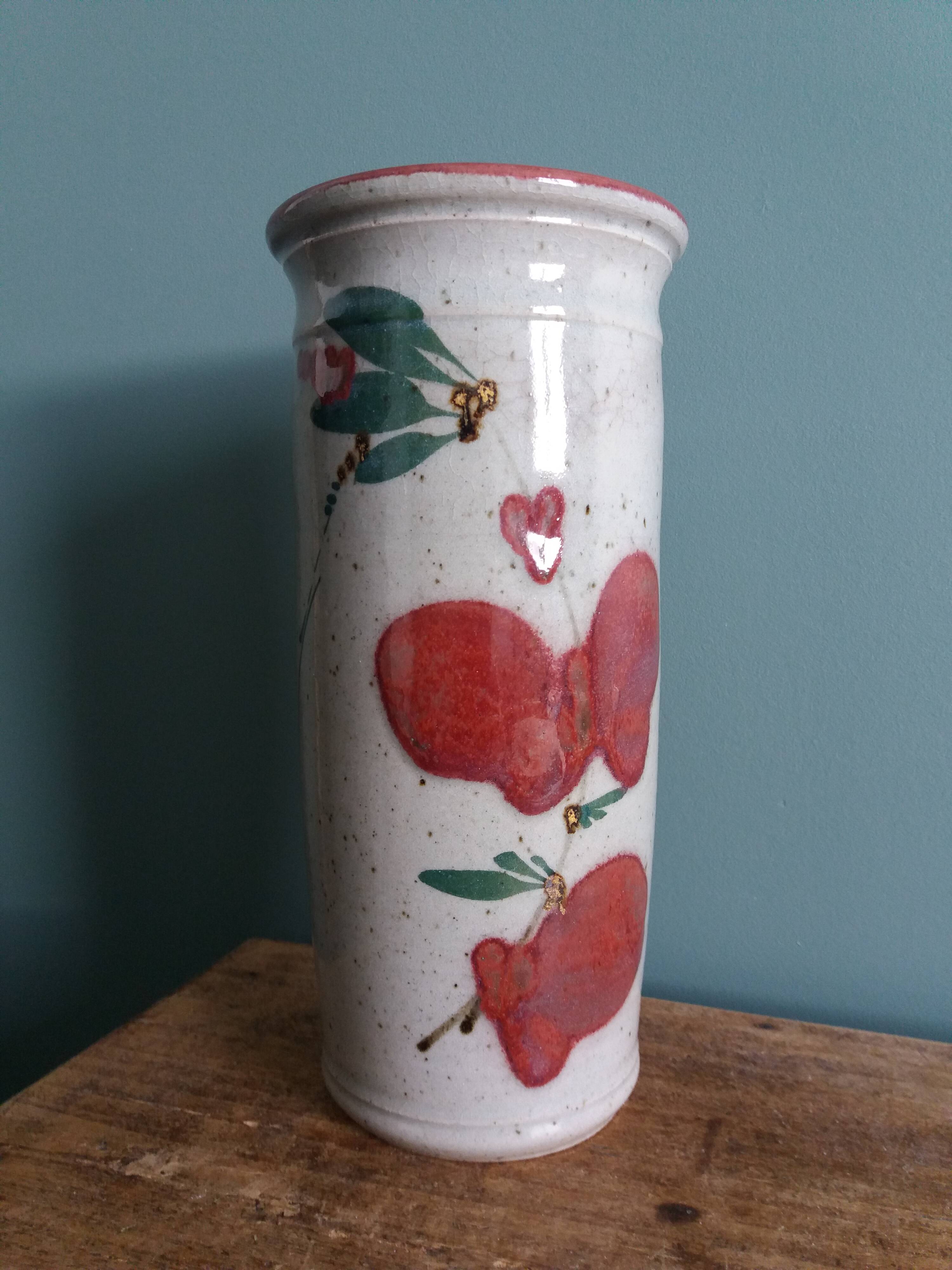 Signed scroll vase with poppy dragonfly decor