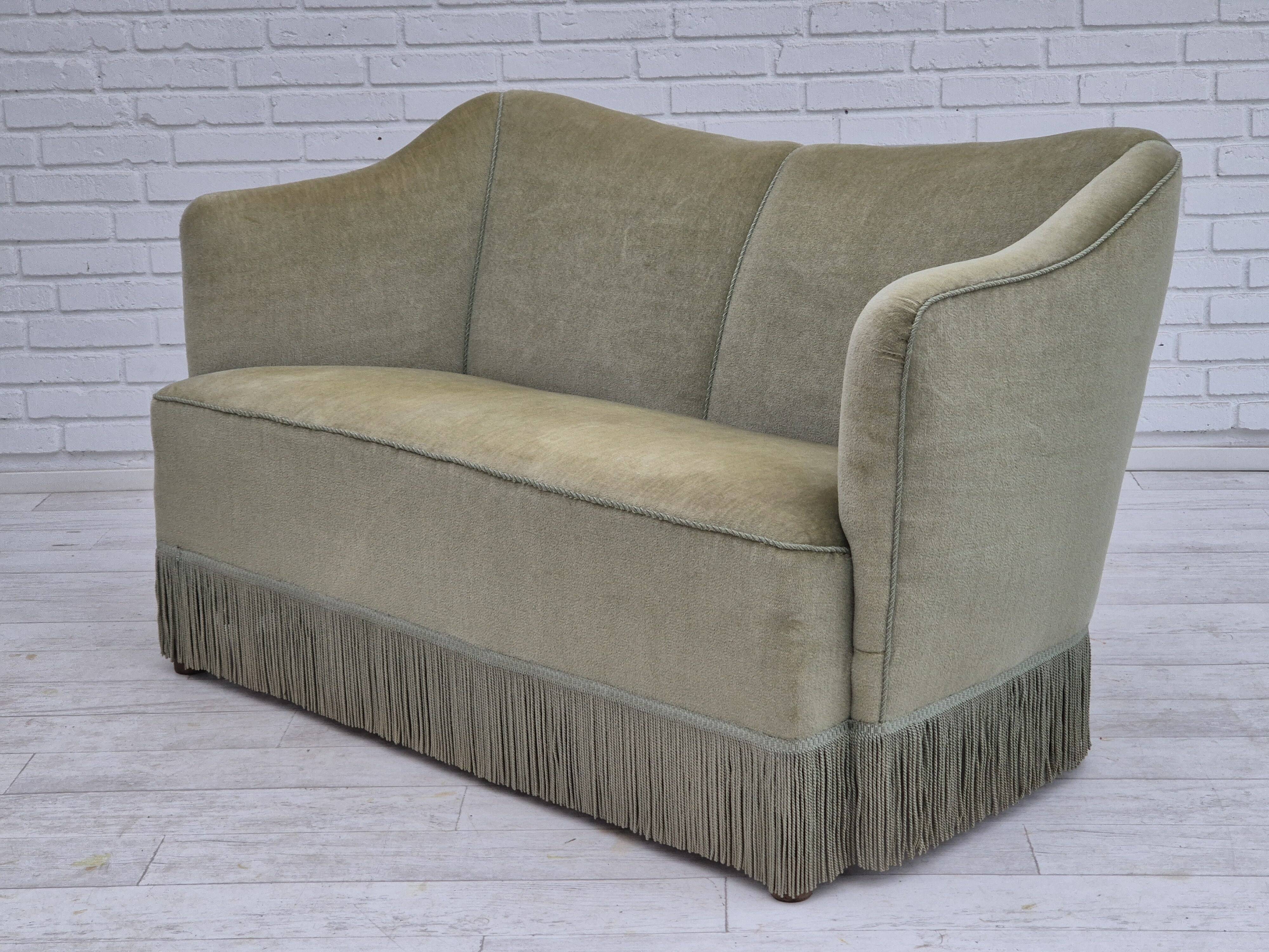 1960s, Danish 2 seater sofa, original condition, green furniture velour.