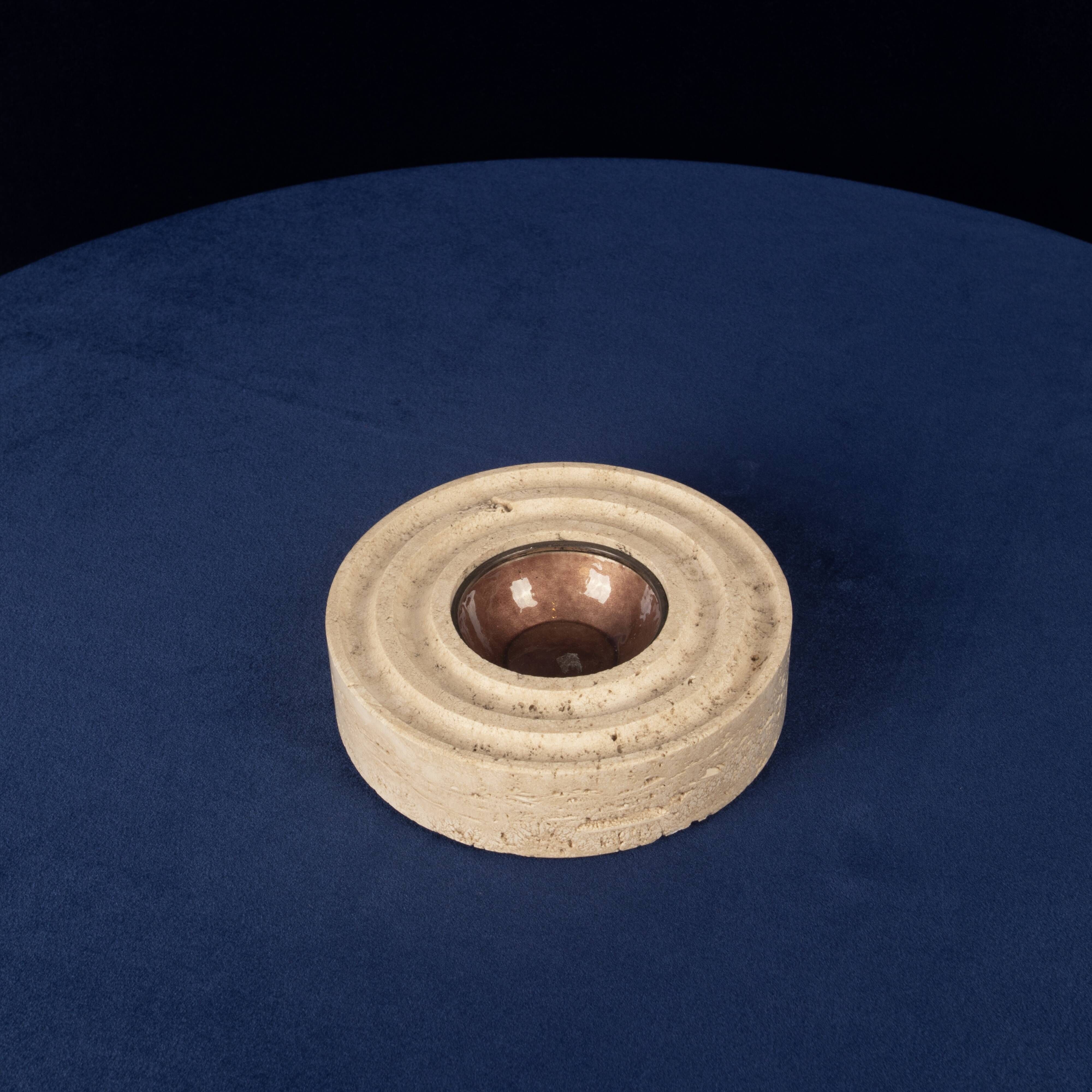Italian Round Travertine and Copper-Toned Metal Ashtray, 1970