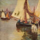 Signed painting and dated seascape with boats from the 20th century
