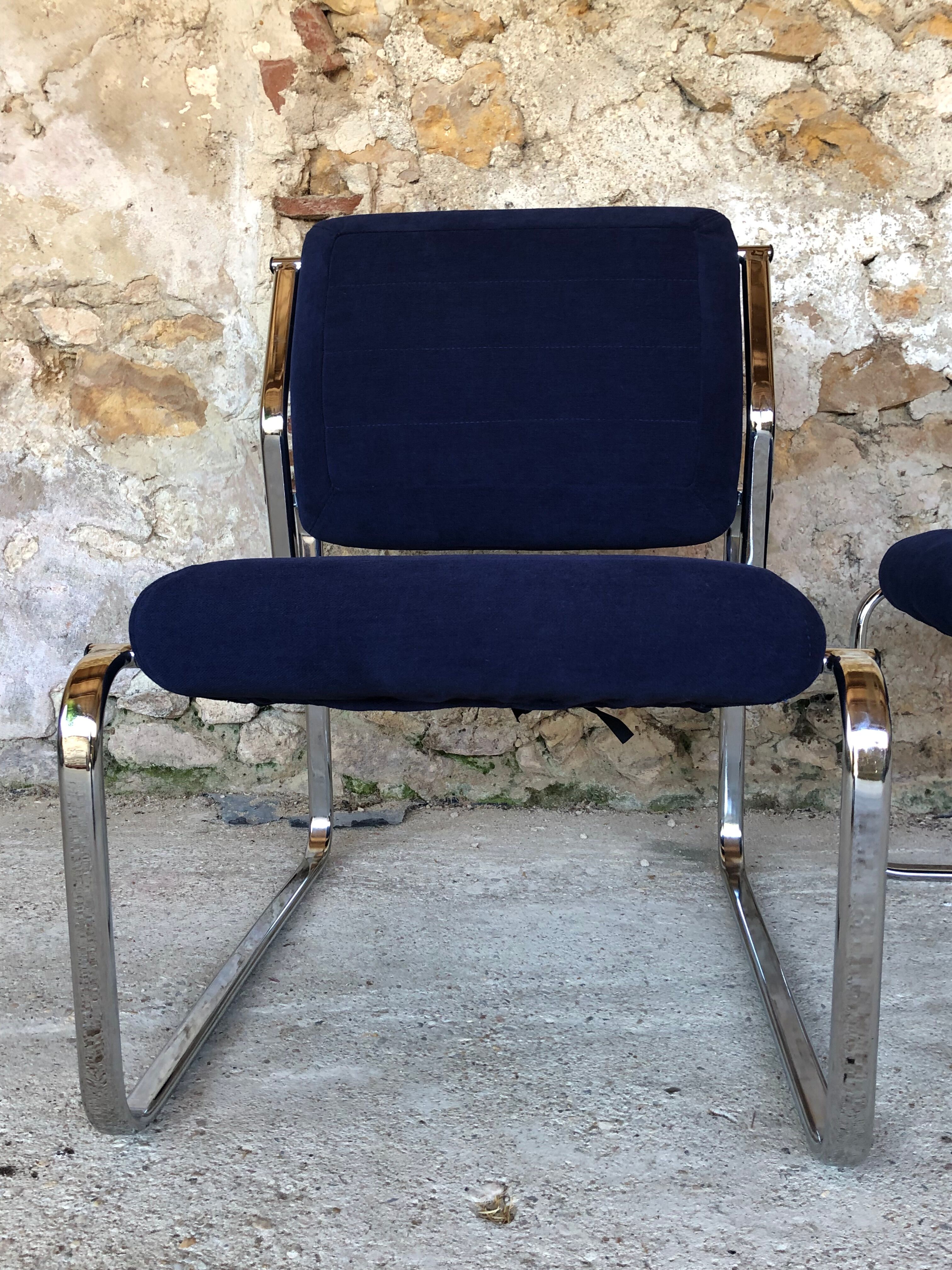 Pair of vintage chrome and blue microfibre armchairs circa 70