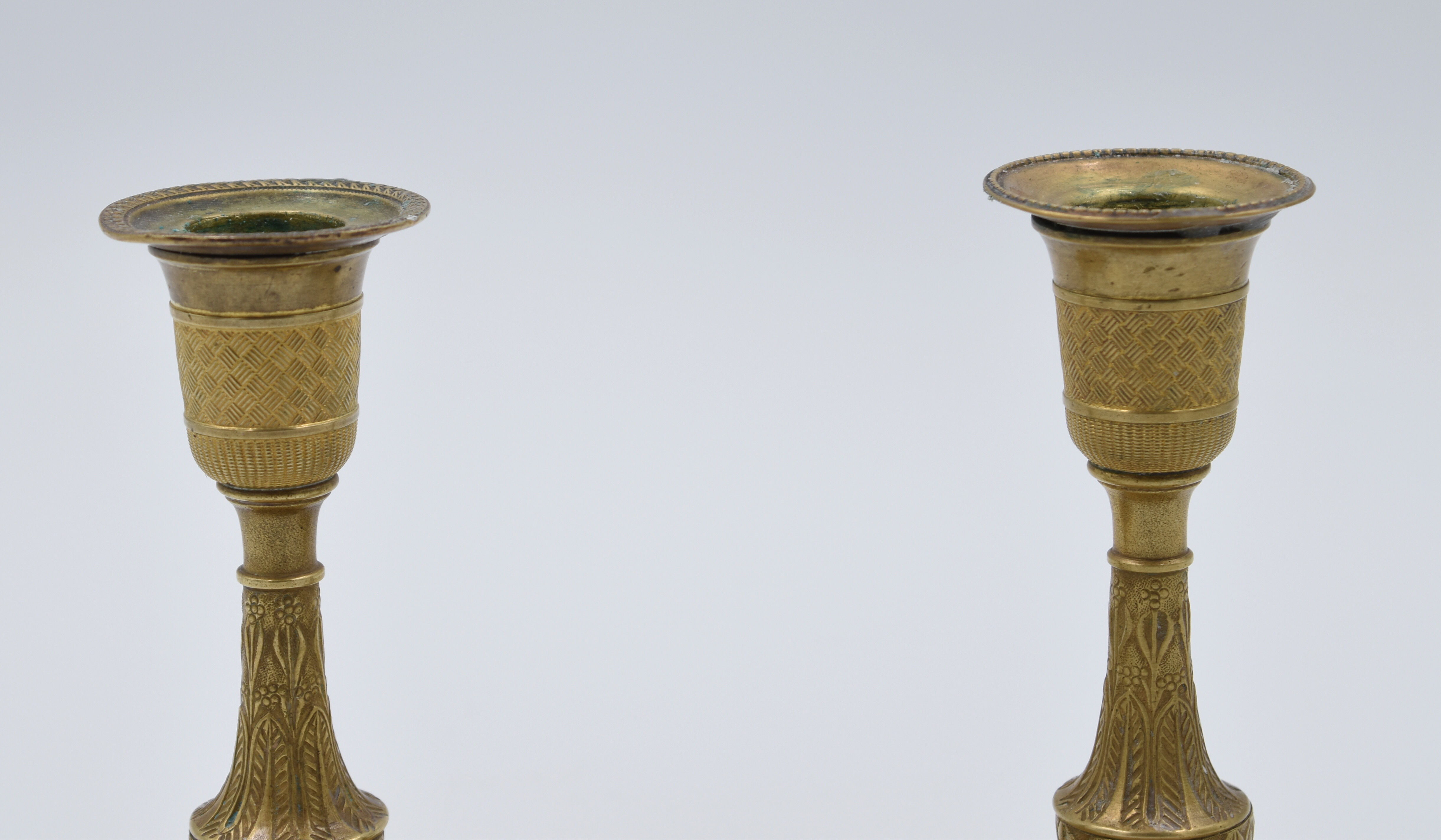 Pair of gossip candle holders in bronze and brass gilded period