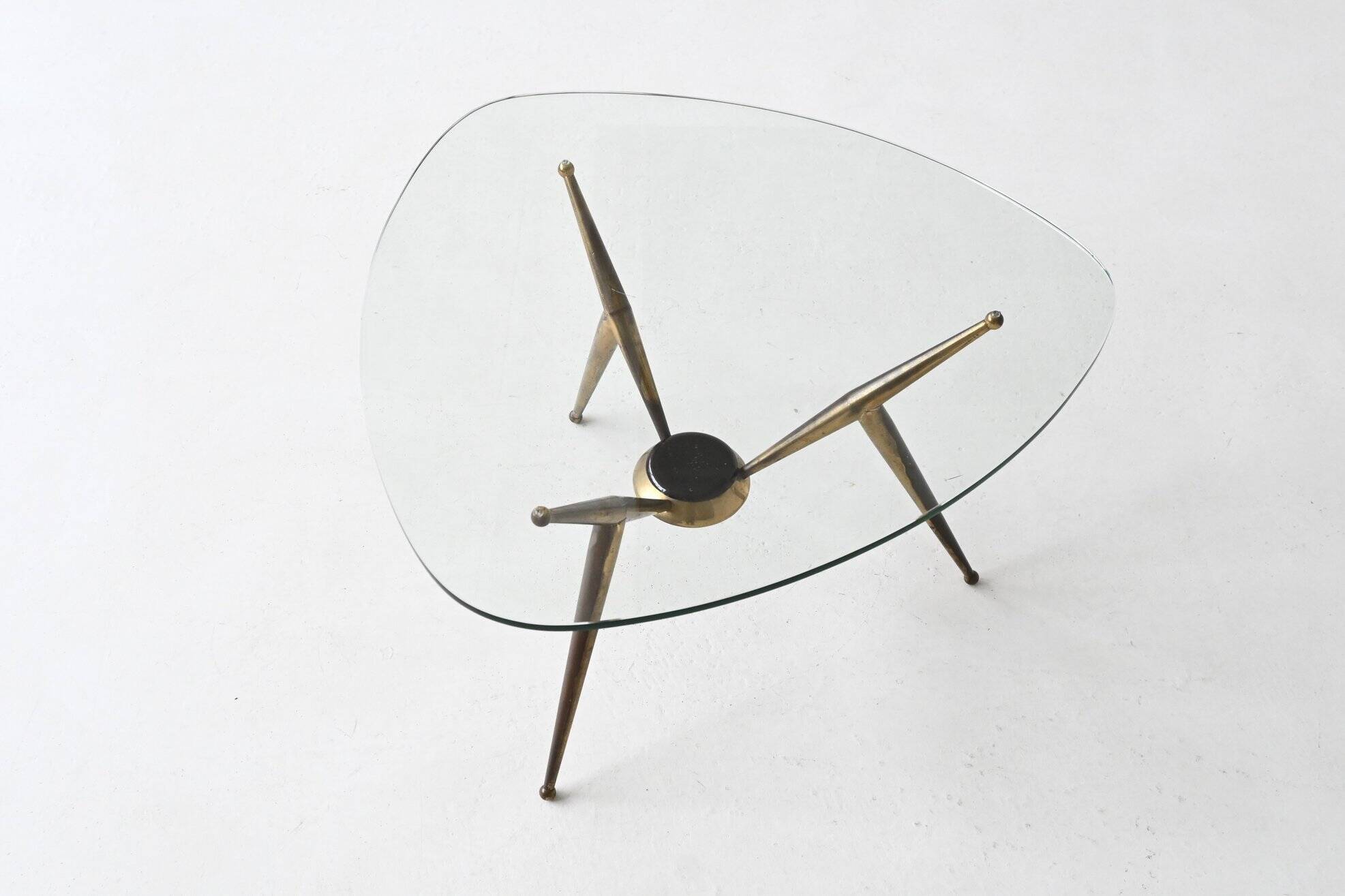 Italian tripod triangle coffee table brass and glass Italy 1950