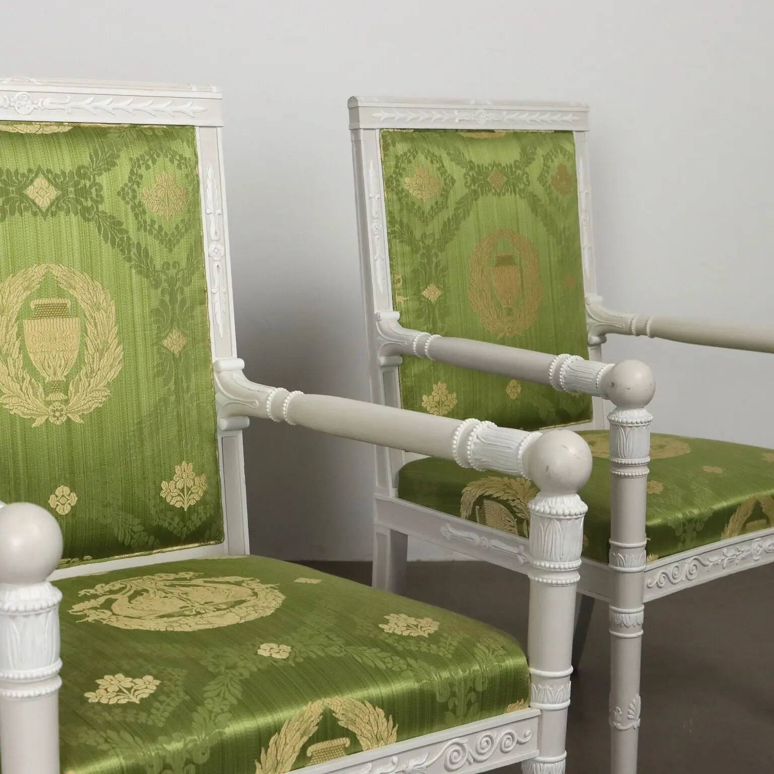 Antique lacquered wooden armchairs with decorations, Italy, 20th century