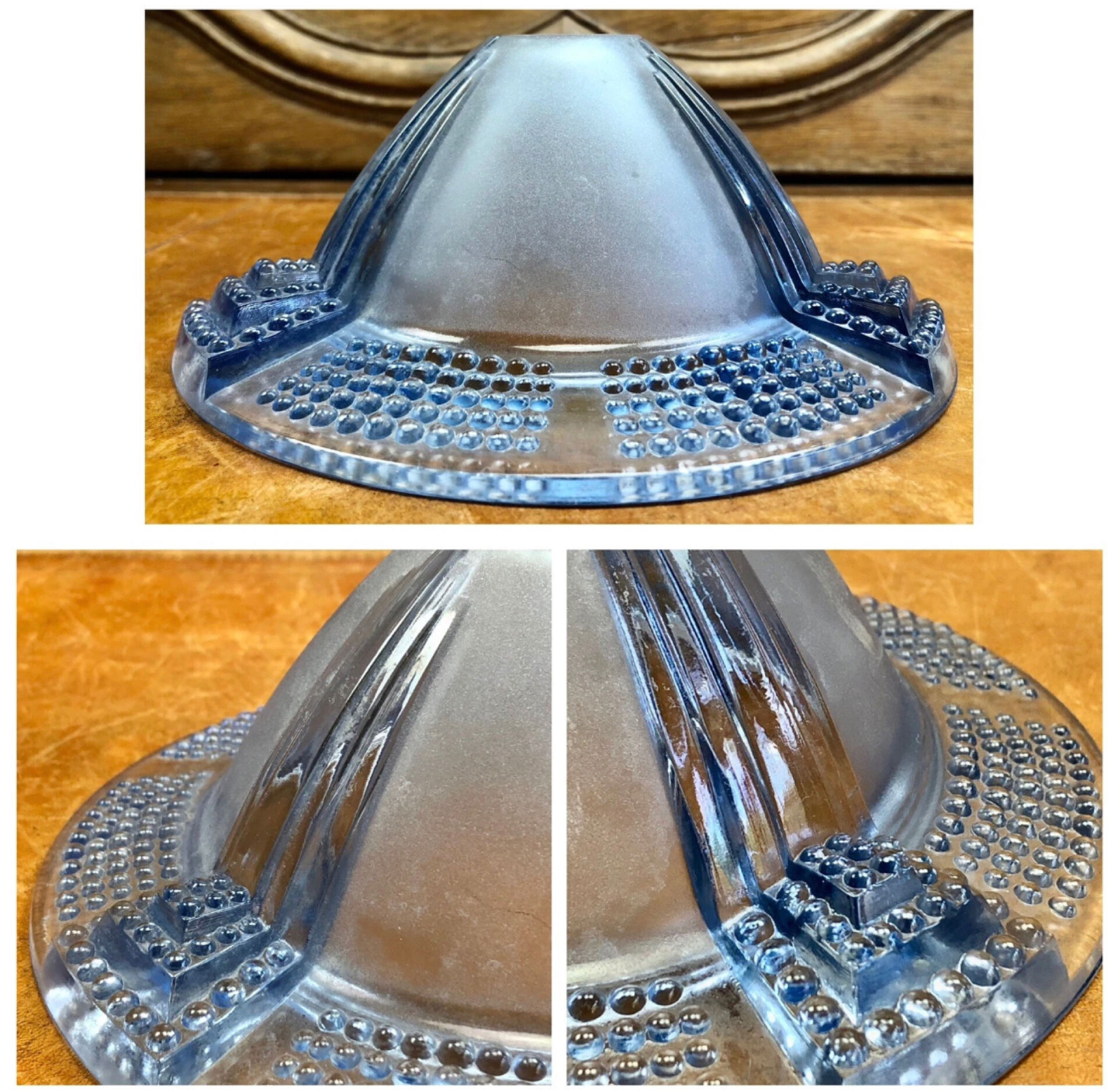 Antique Art Deco lamp from the 1930s, wrought iron with a blue basin in the Ezan style.