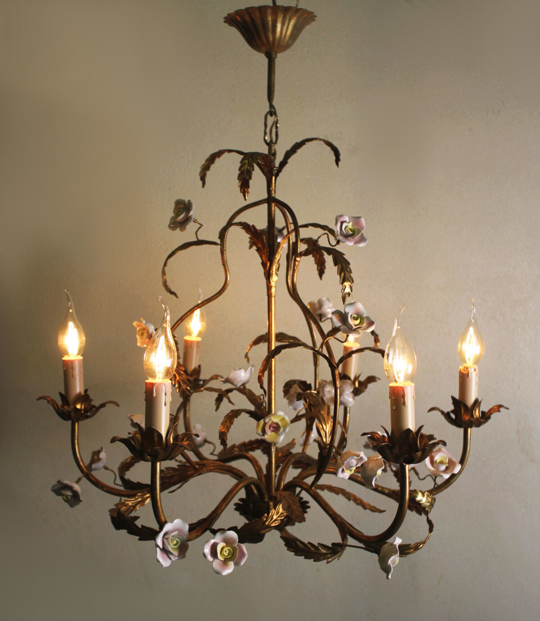 Golden metal chandelier with porcelain flowers, 50's