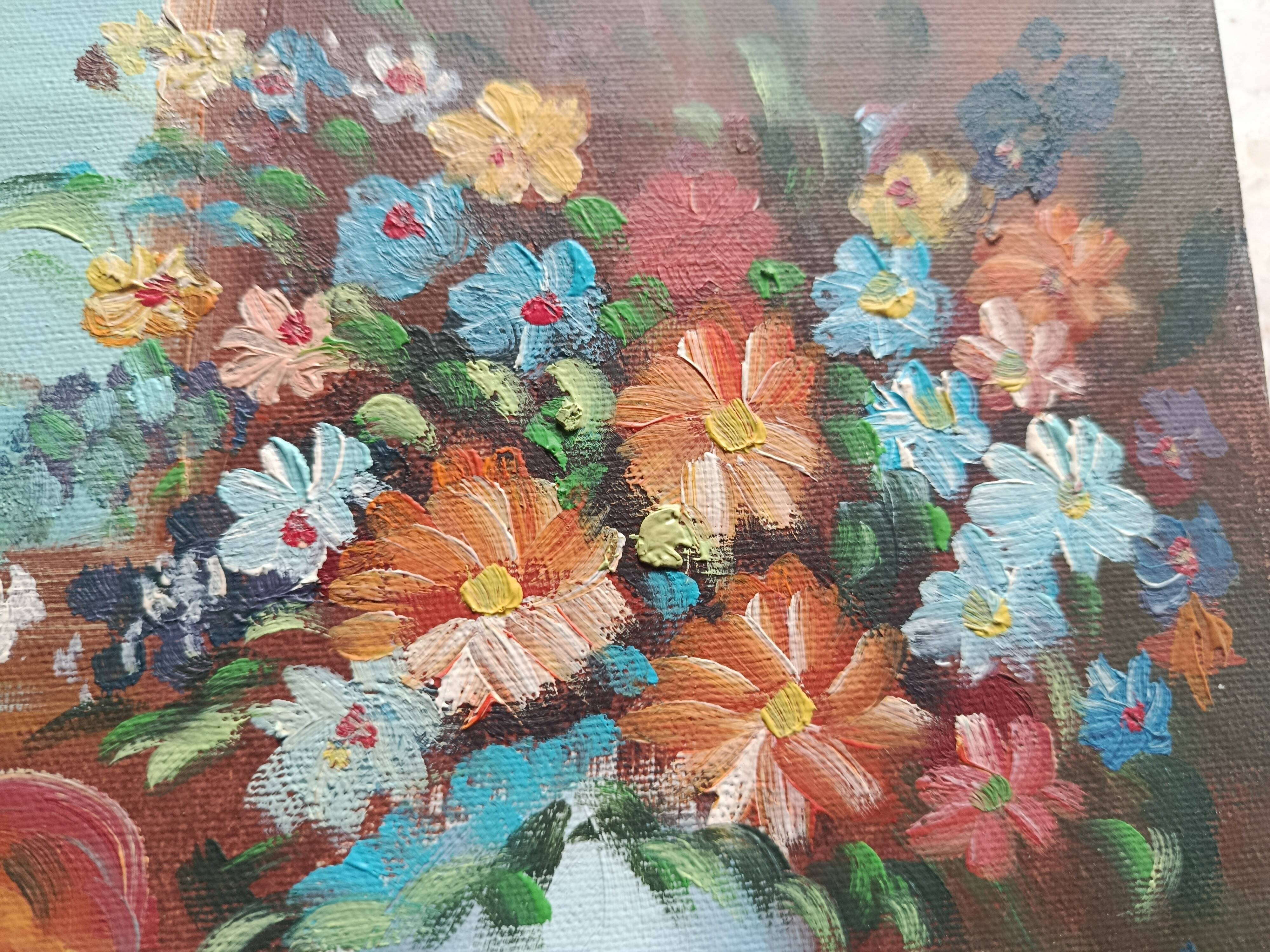 Hst still life signed helman xx: bouquet of flowers, vase, fruit, basket, window