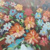 Hst still life signed helman xx: bouquet of flowers, vase, fruit, basket, window