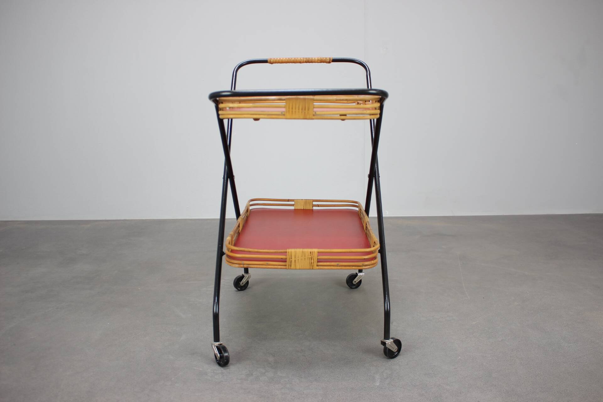 1960s Czechoslovak Mid-Century Folding Bamboo Serving Trolley Bar Cart