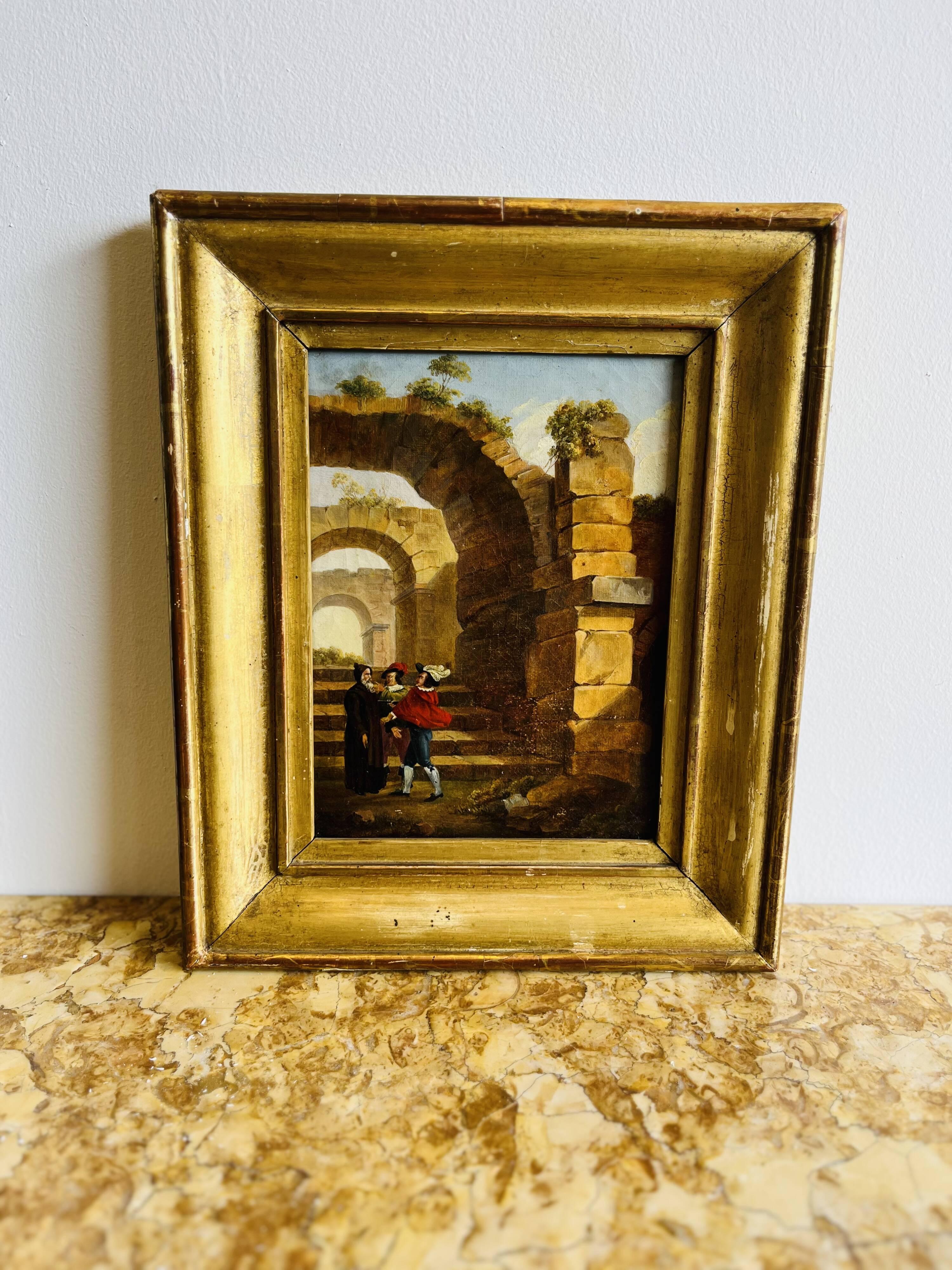 Oil painting on canvas depicting ancient ruins
