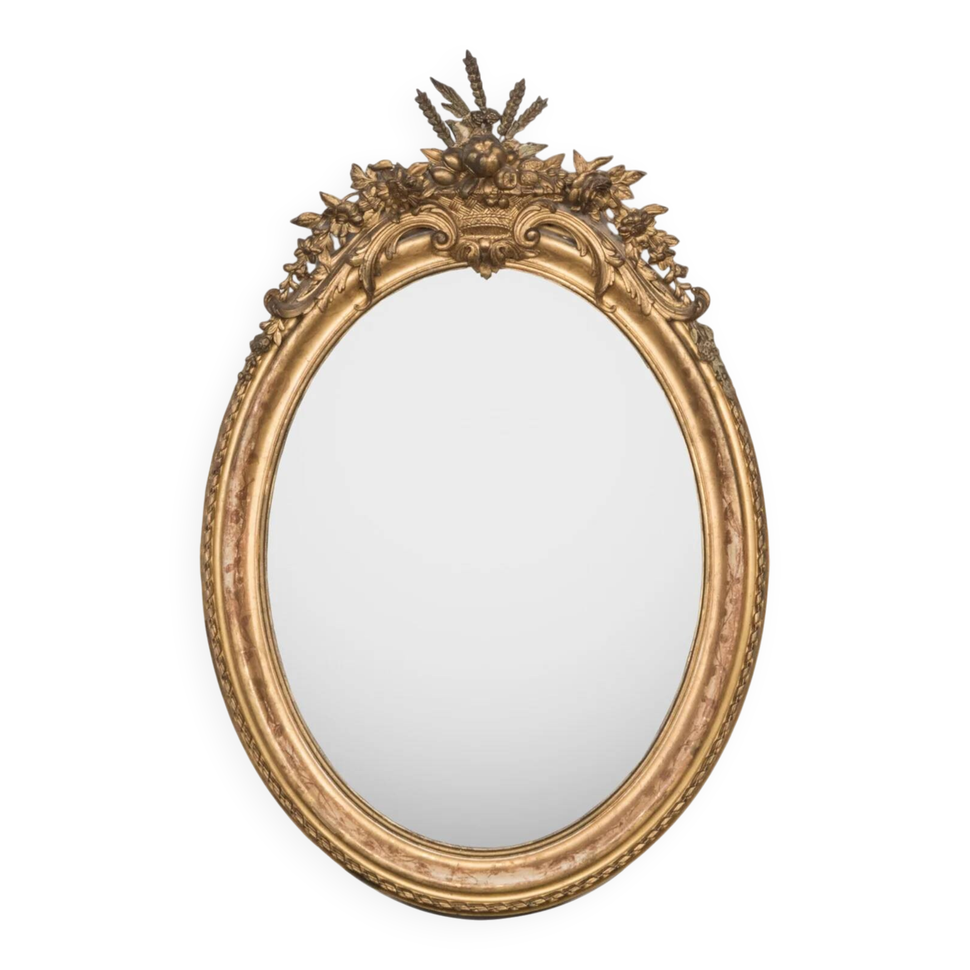 19th C antique French oval gold leaf mirror with crest