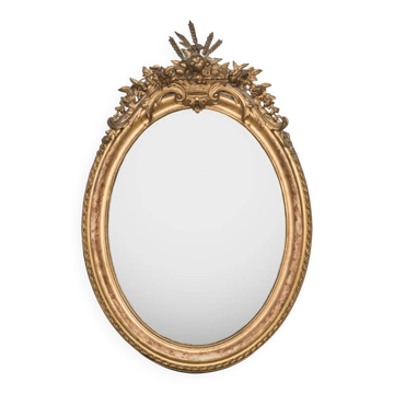 19th C antique French oval gold leaf mirror with crest