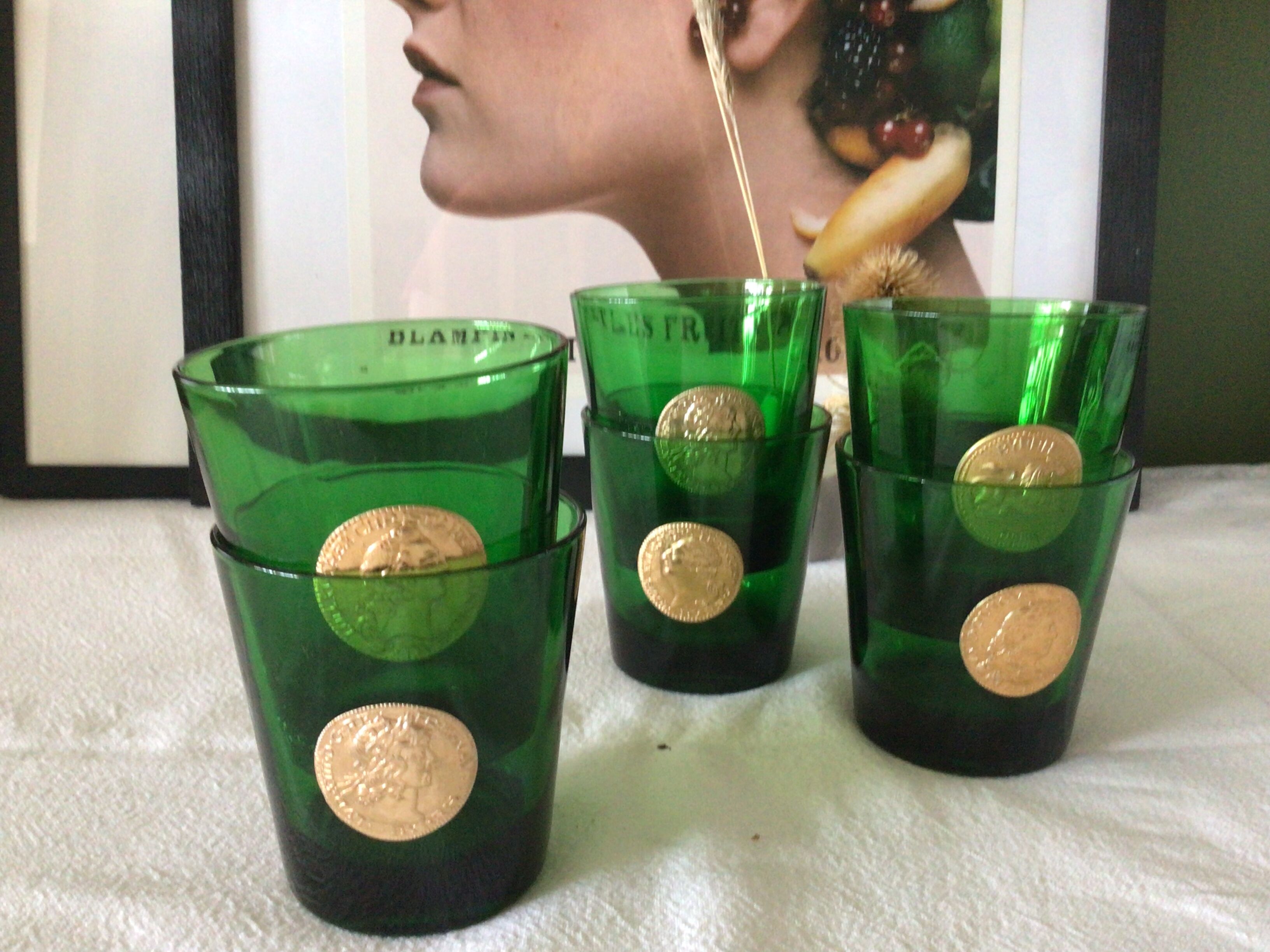 Set of six green glasses