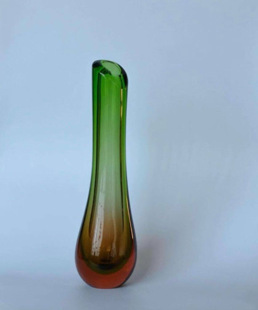 Vintage Big, Tall and Heavy Murano Vase in Green and Orange "Sommerso" Glass