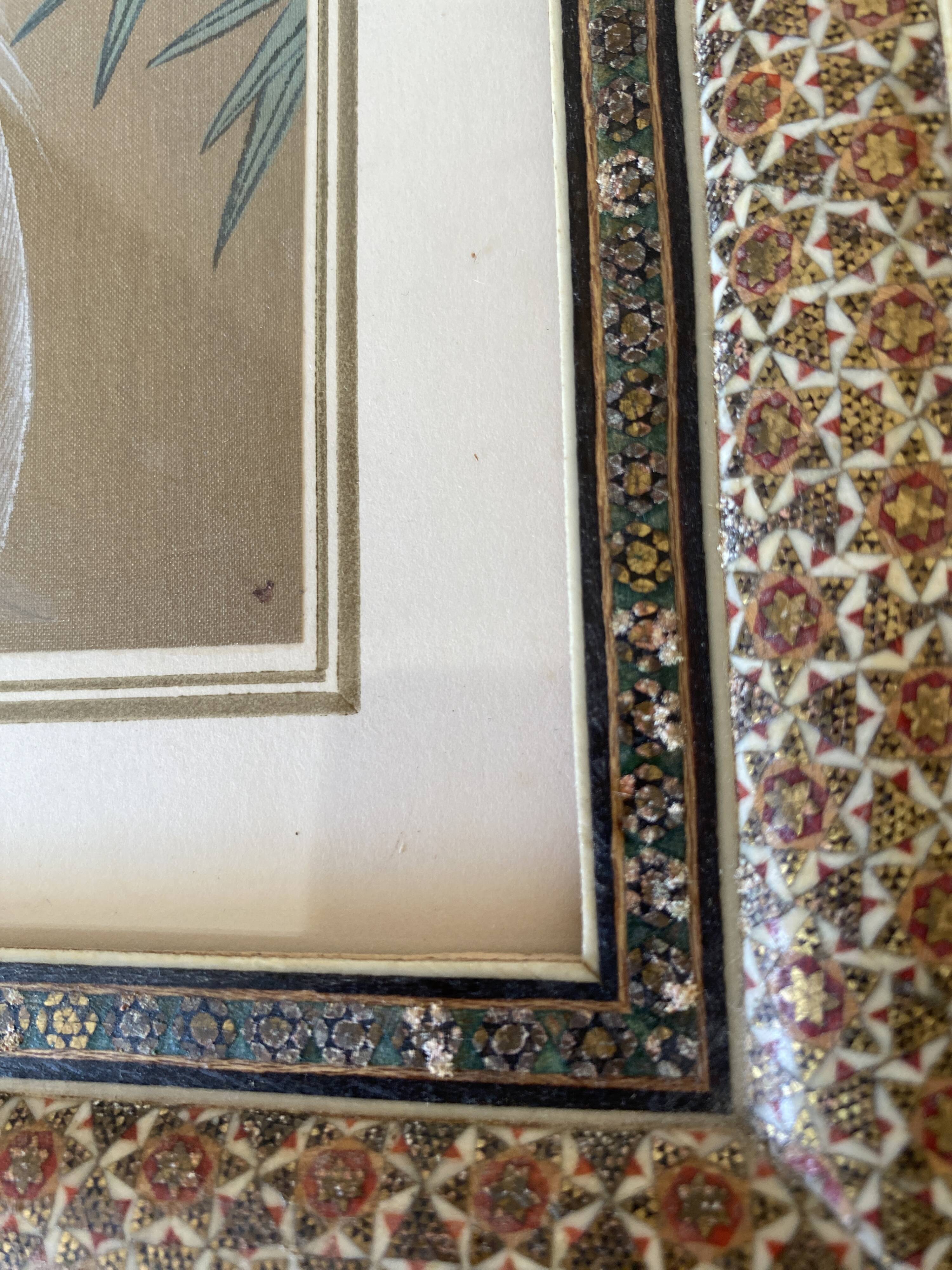 Ornithological painting, marquetry frame