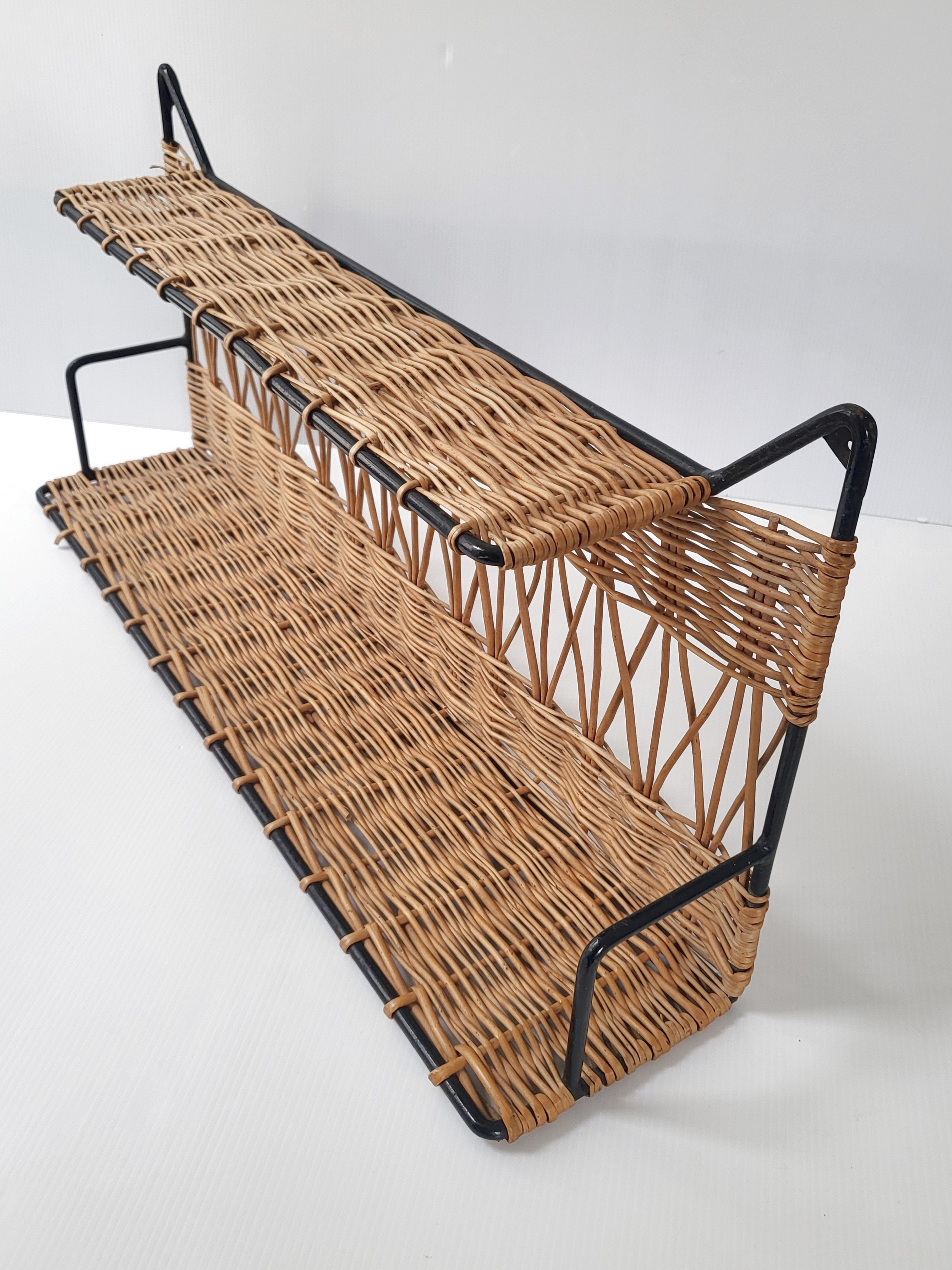 Vintage rattan & steel shelf 1950