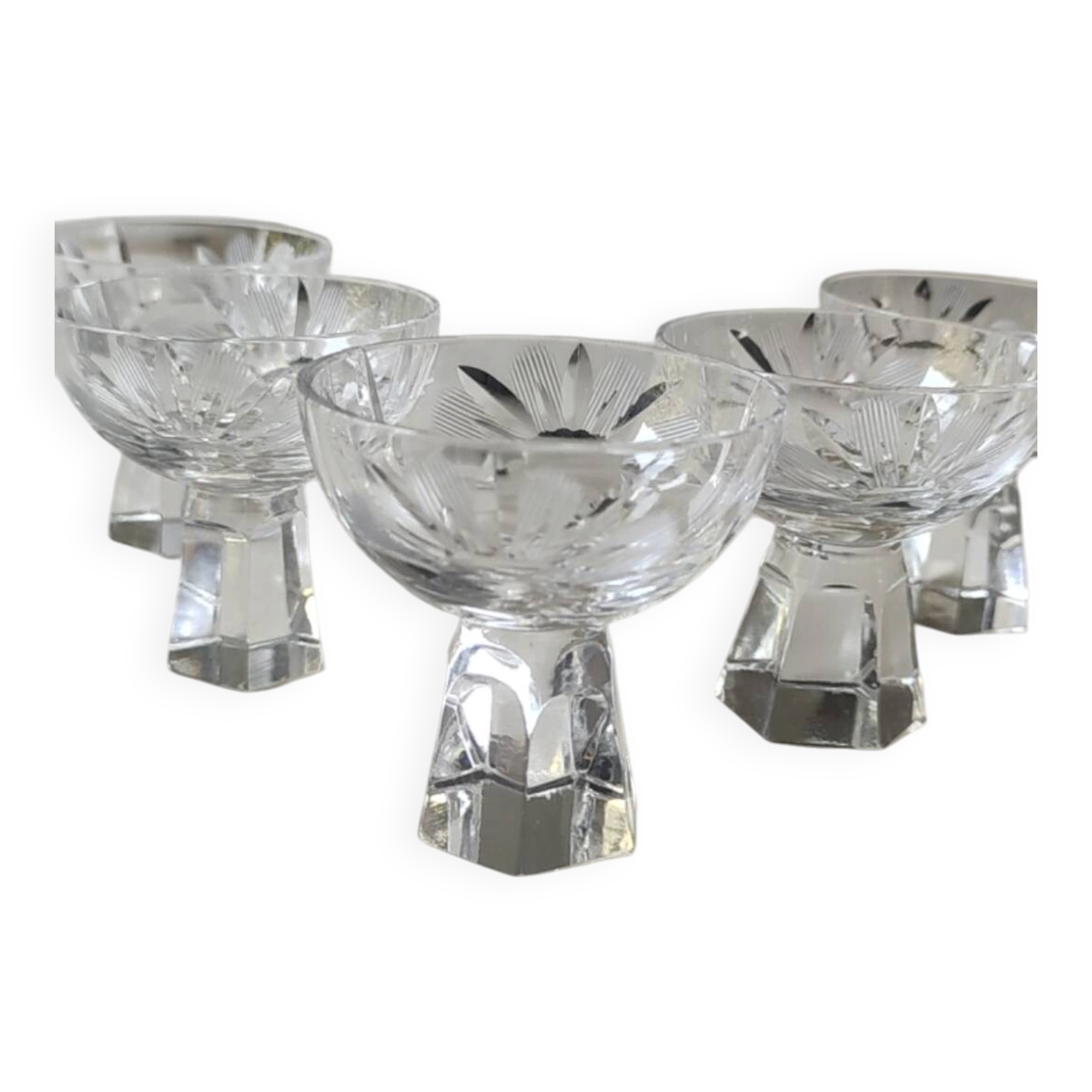 Lot of 5 Small Digestif/Liqueur Glasses. Cut Bohemian crystal. Floral.