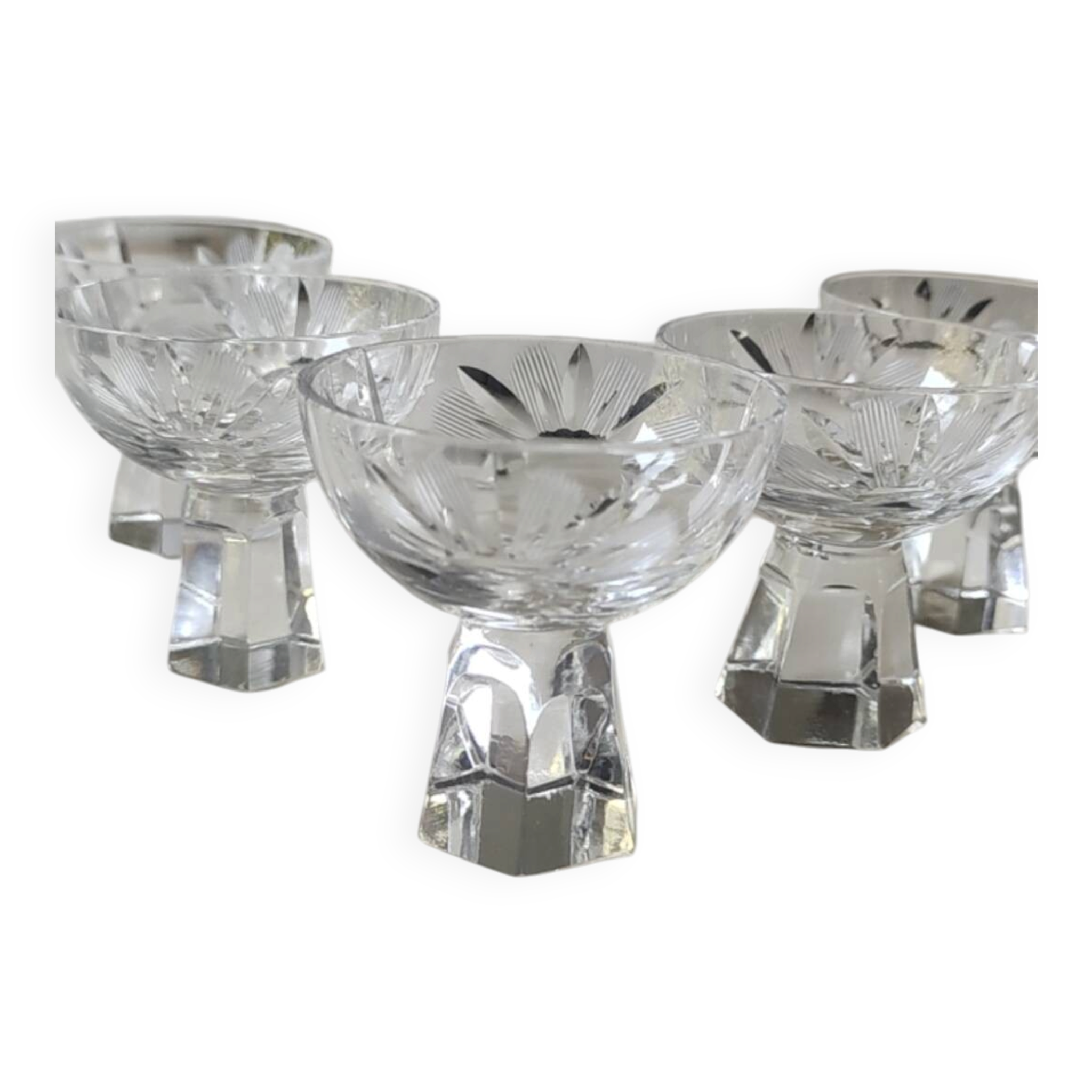 Lot of 5 Small Digestif/Liqueur Glasses. Cut Bohemian crystal. Floral.