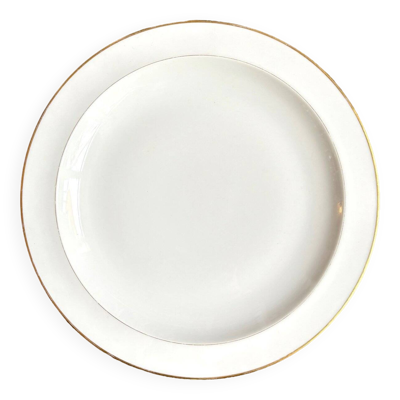 Plat rond A. Vignaud en porcelaine de Limoges blanche et dorée