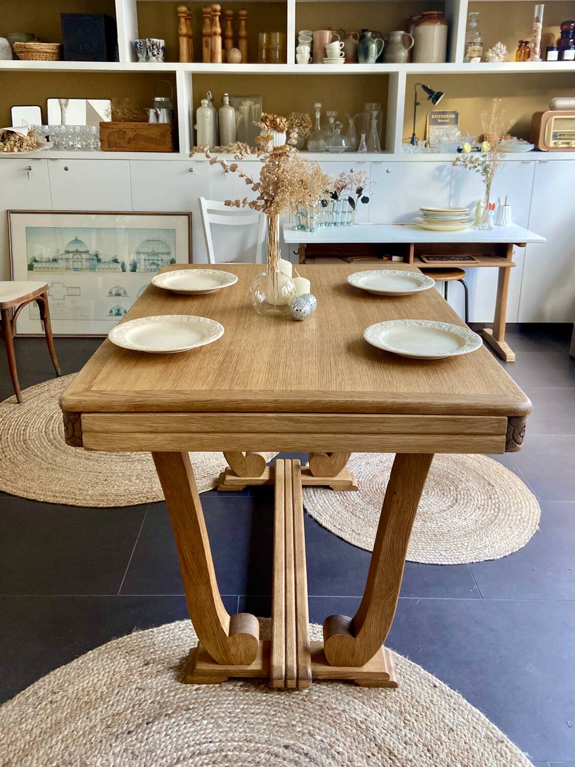 Art deco oak table + extensions