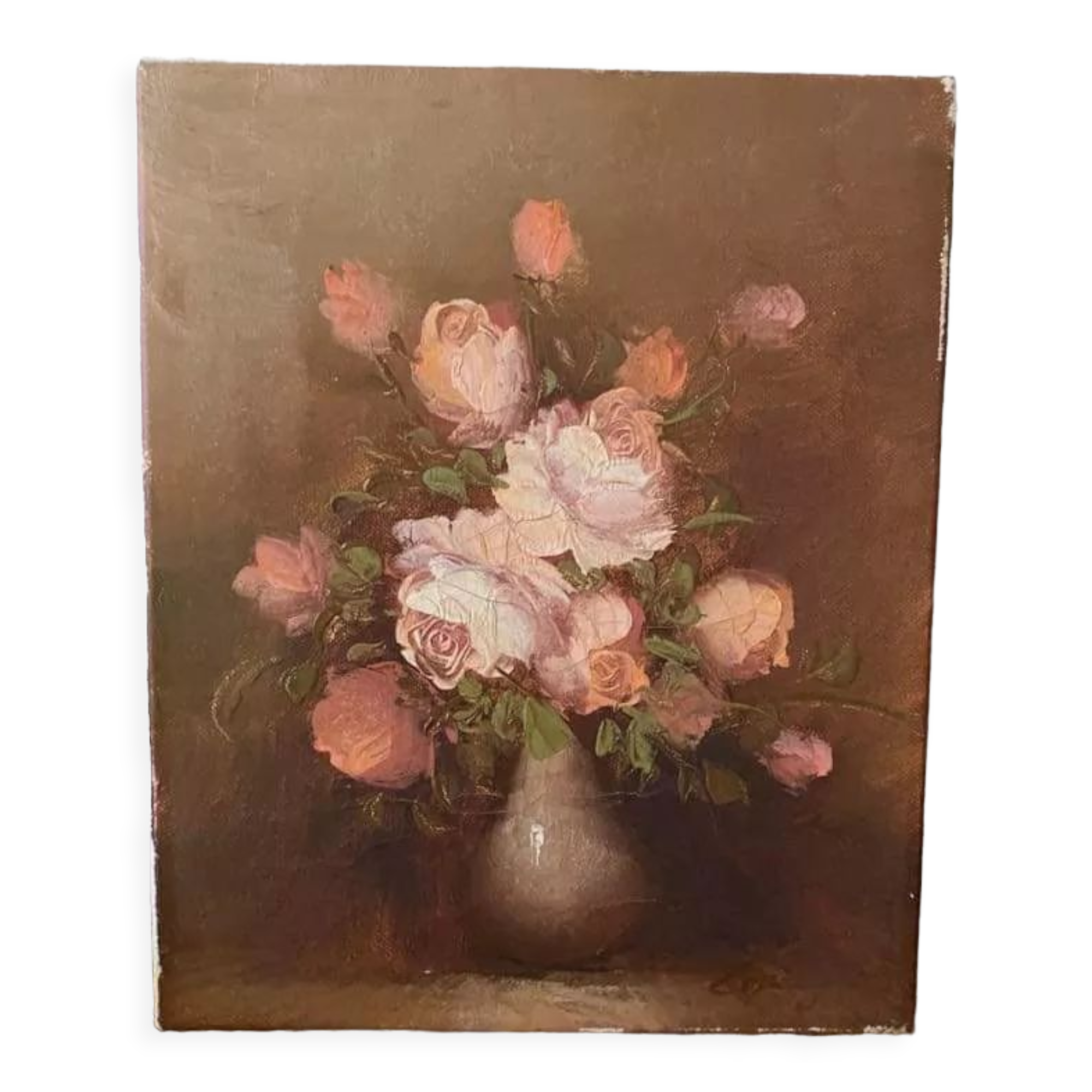 Painting on canvas pinks in a vase.